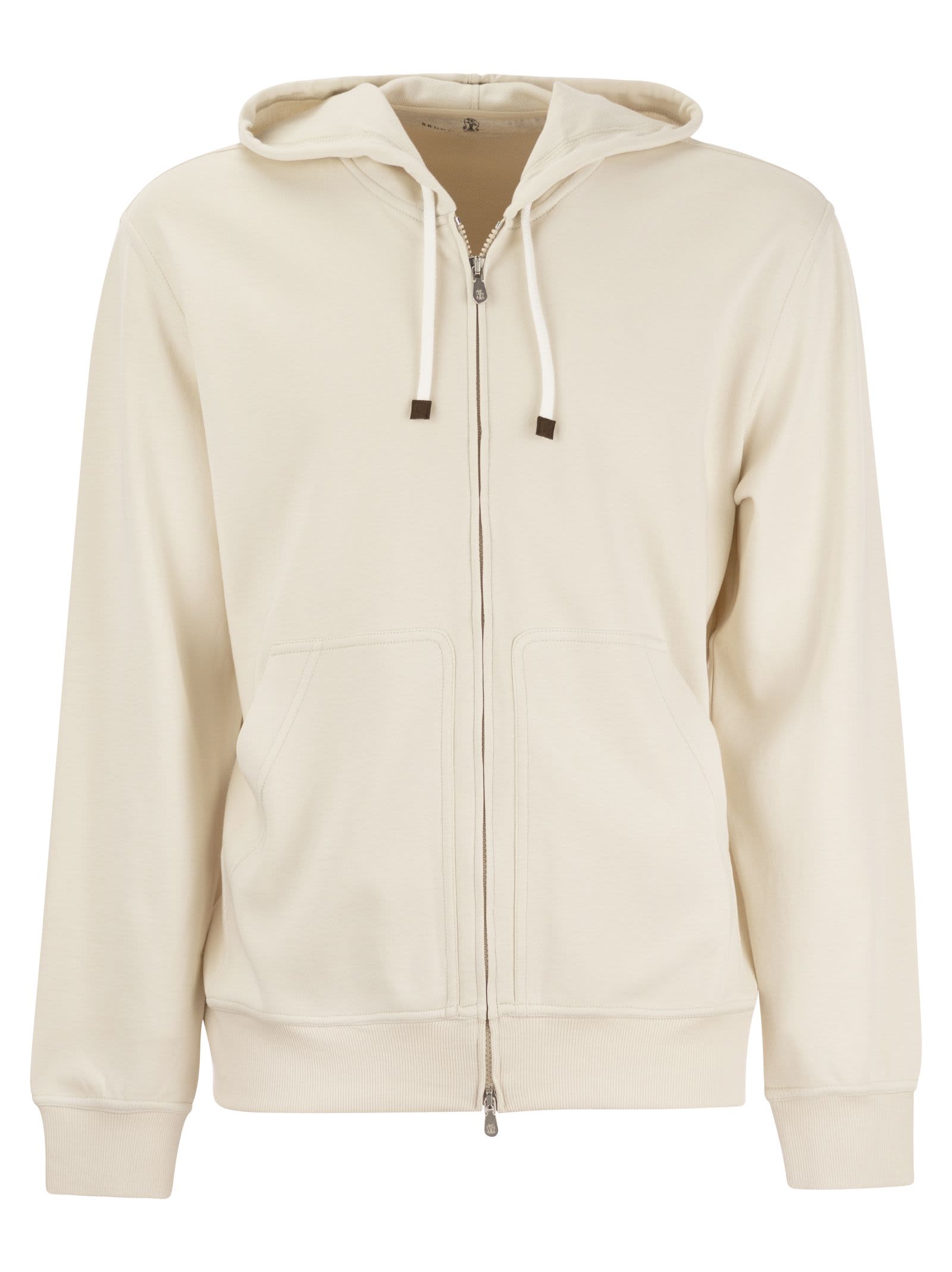 Shop Brunello Cucinelli Techno Cotton Interlock Zip-front Hooded Sweatshirt In Oat