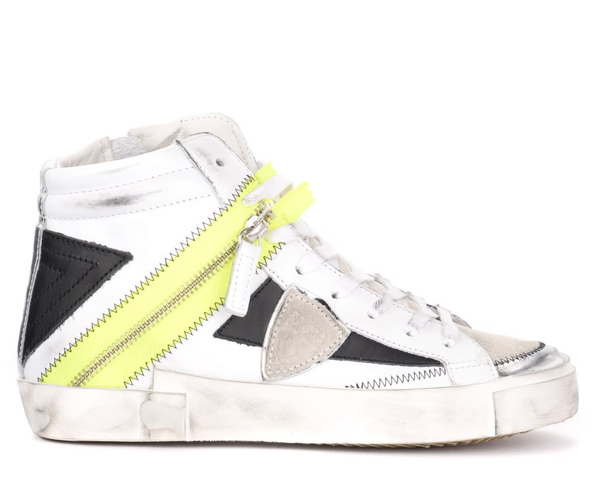 Philippe Model Bike High Sneaker In White Leather With Neon Yellow Details In Bianco
