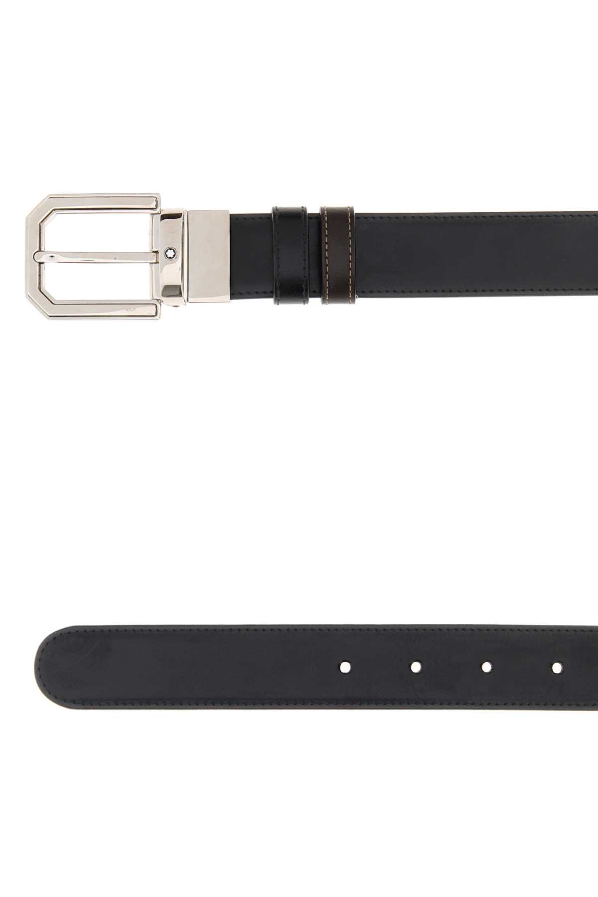 Montblanc Adjustable Reversible Leather Belt With Metal Buckle In Black
