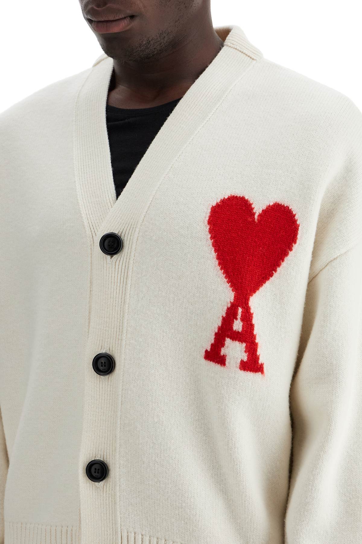 Shop Ami Alexandre Mattiussi Pure Virgin Wool Cardigan With Jacquard Logo In Ecru/rouge (white)