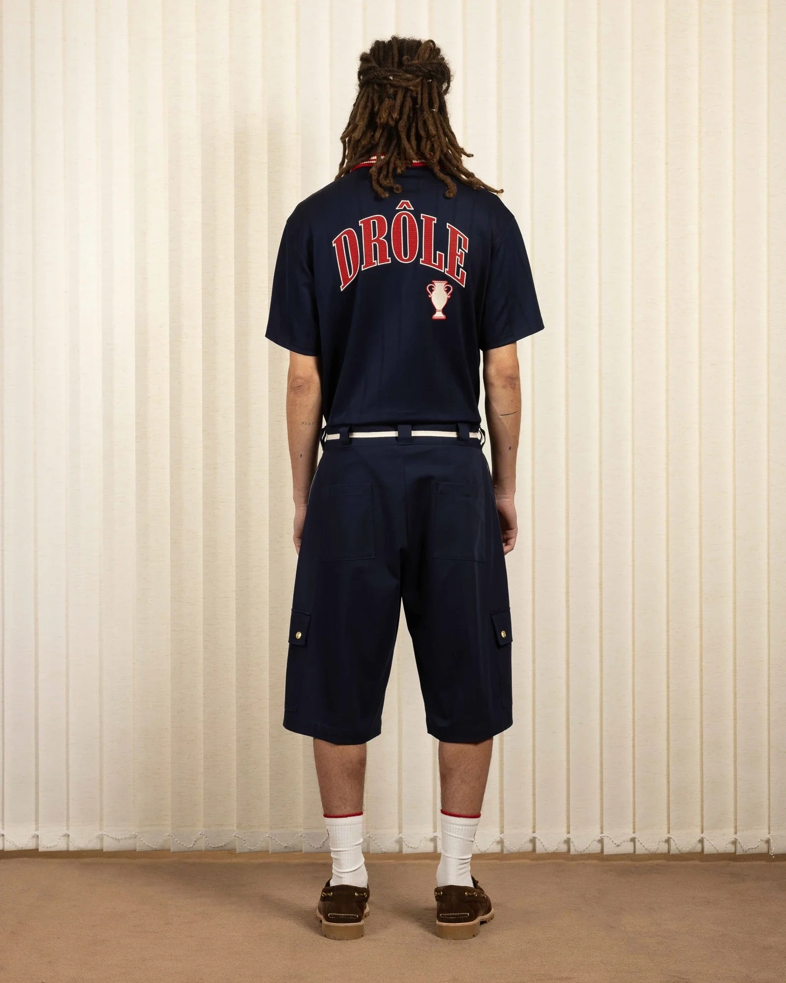 Drôle De Monsieur Chevron Cargo Workwear Shorts Drawstring In Blue