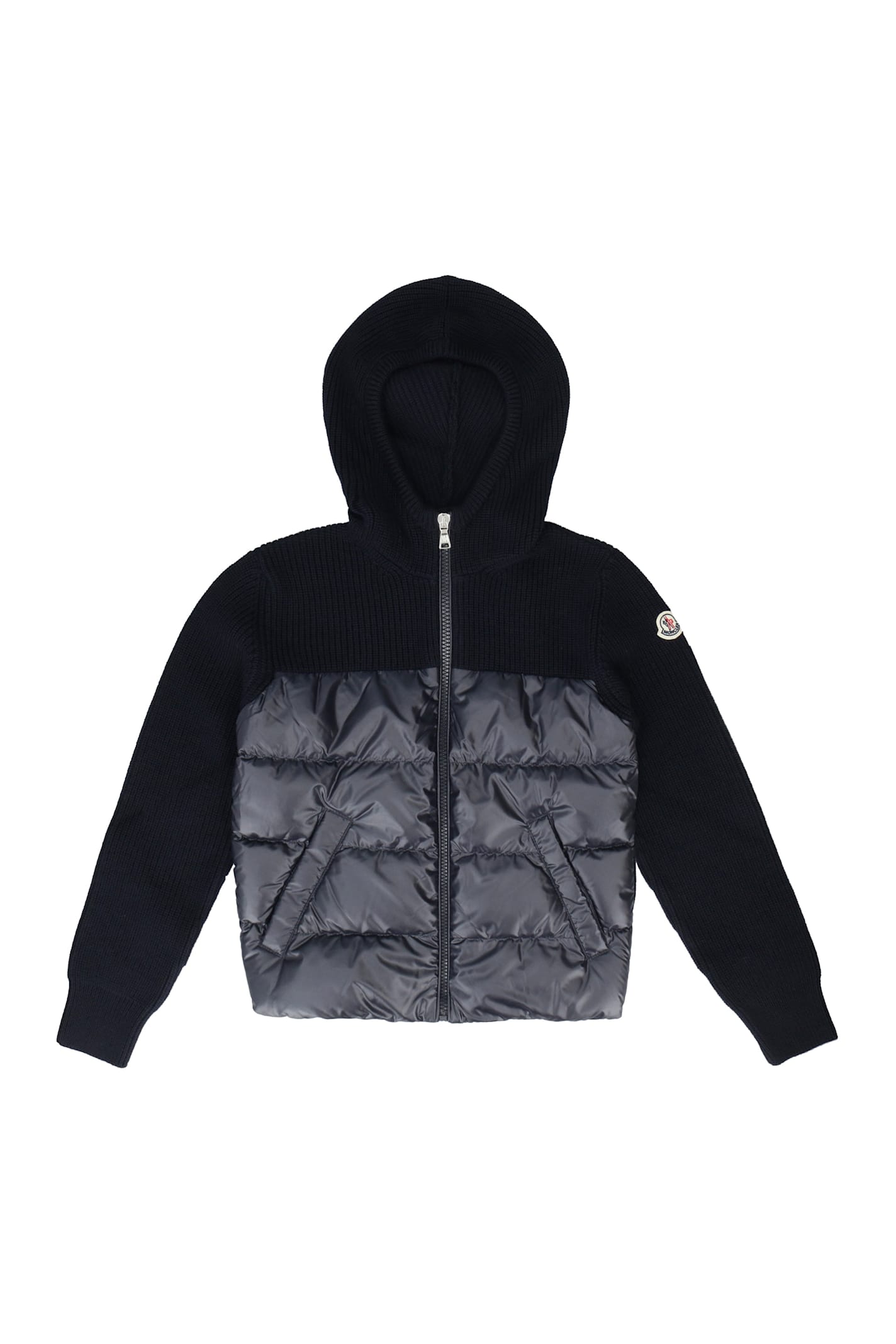Moncler Black Hooded Cardigan With Logo Patch In Wool And Tech Fabric Boy In Blue