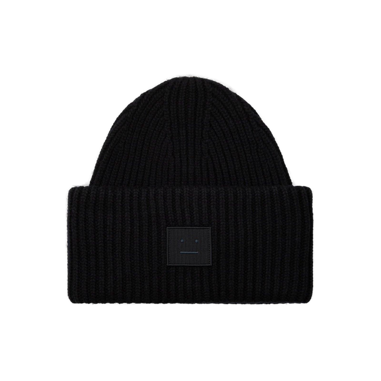 Acne Studios Face Logo Patch Ribbed Knit Beanie In Black