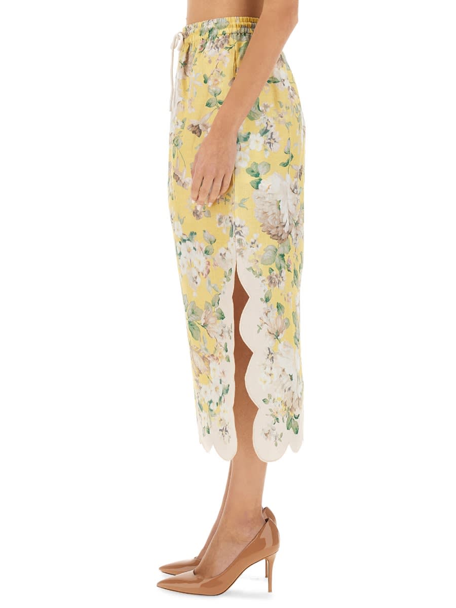 Zimmermann Acacia Scalloped Floral-print Linen Midi Skirt In Yellow