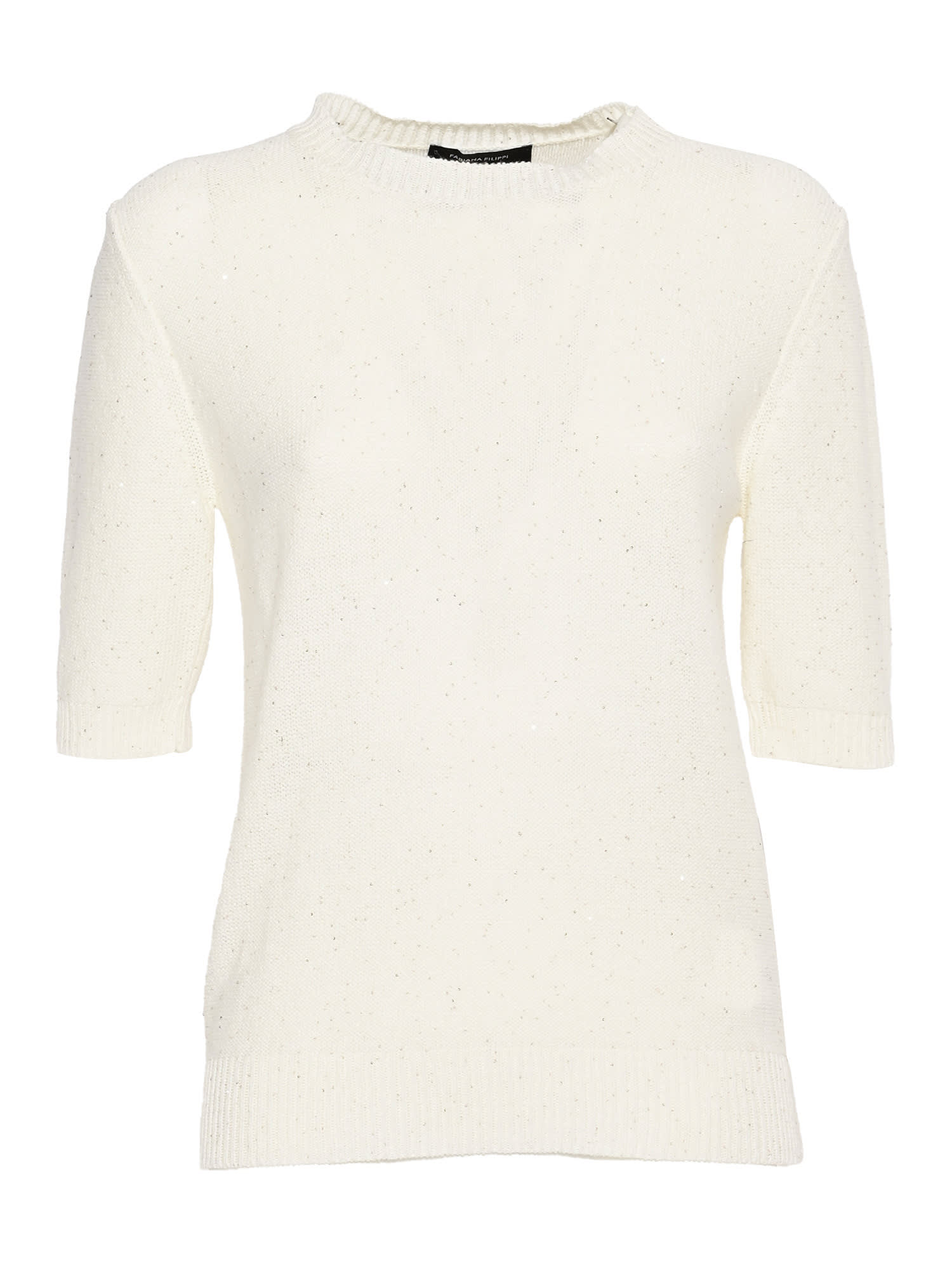 Fabiana Filippi Sequin Short Sleeve Crew Neck Sweater In Neutral