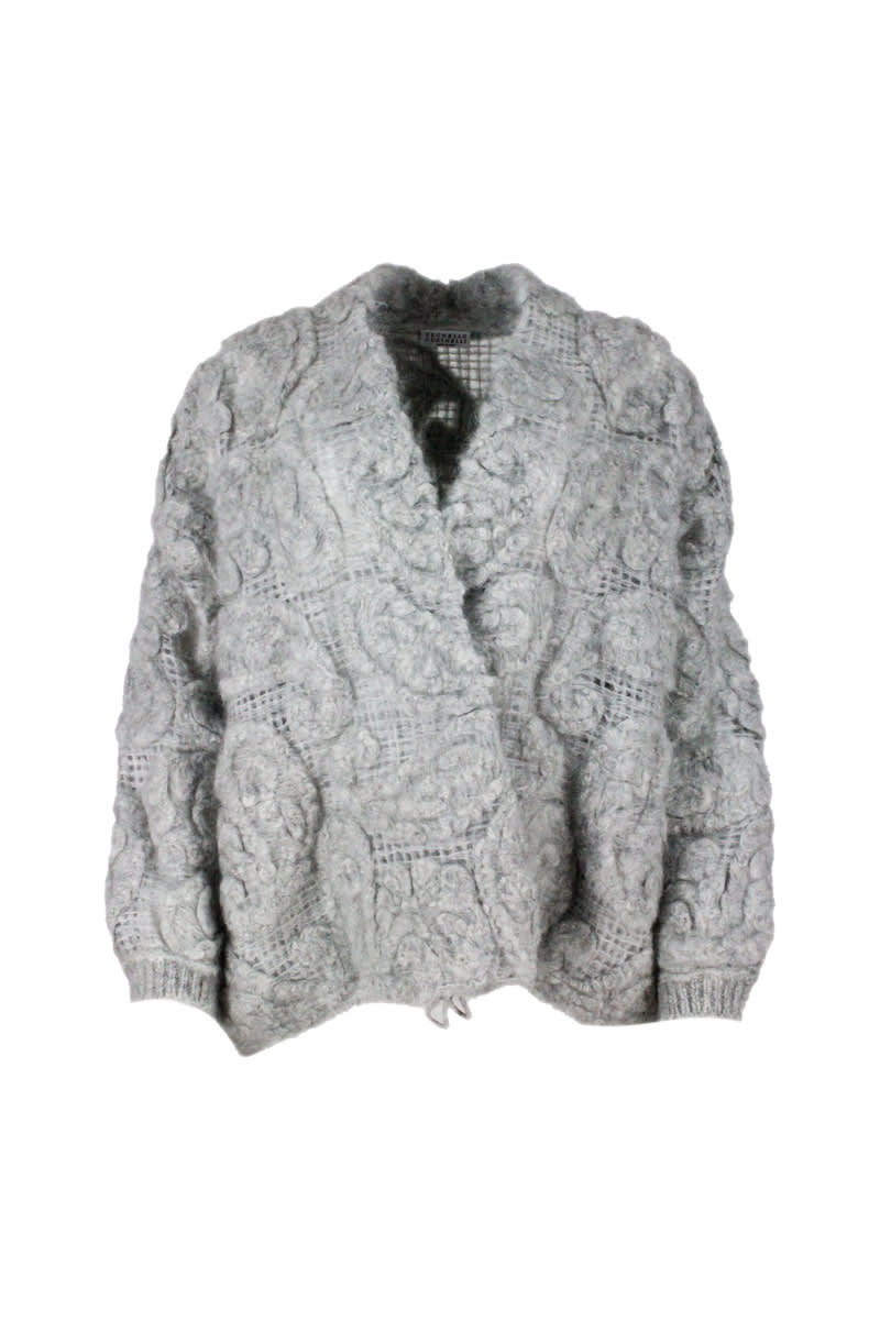 Brunello Cucinelli Cardigan Sweater In Soft And Fluffy Mohair And Wool Alternating With A Mesh Knit That Gives A Three-dimensional Look