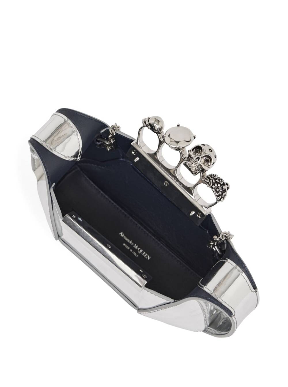 Shop Alexander Mcqueen Mini Silver Hobo Bag With Four Rings Detail In Metallic Fabric Woman