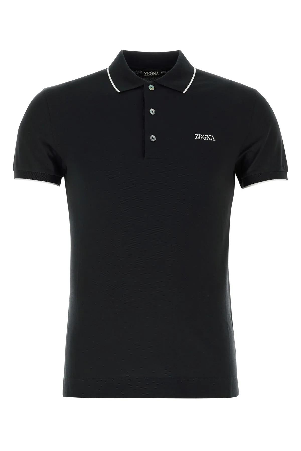 Shop Zegna Black Stretch Piquet Polo Shirt