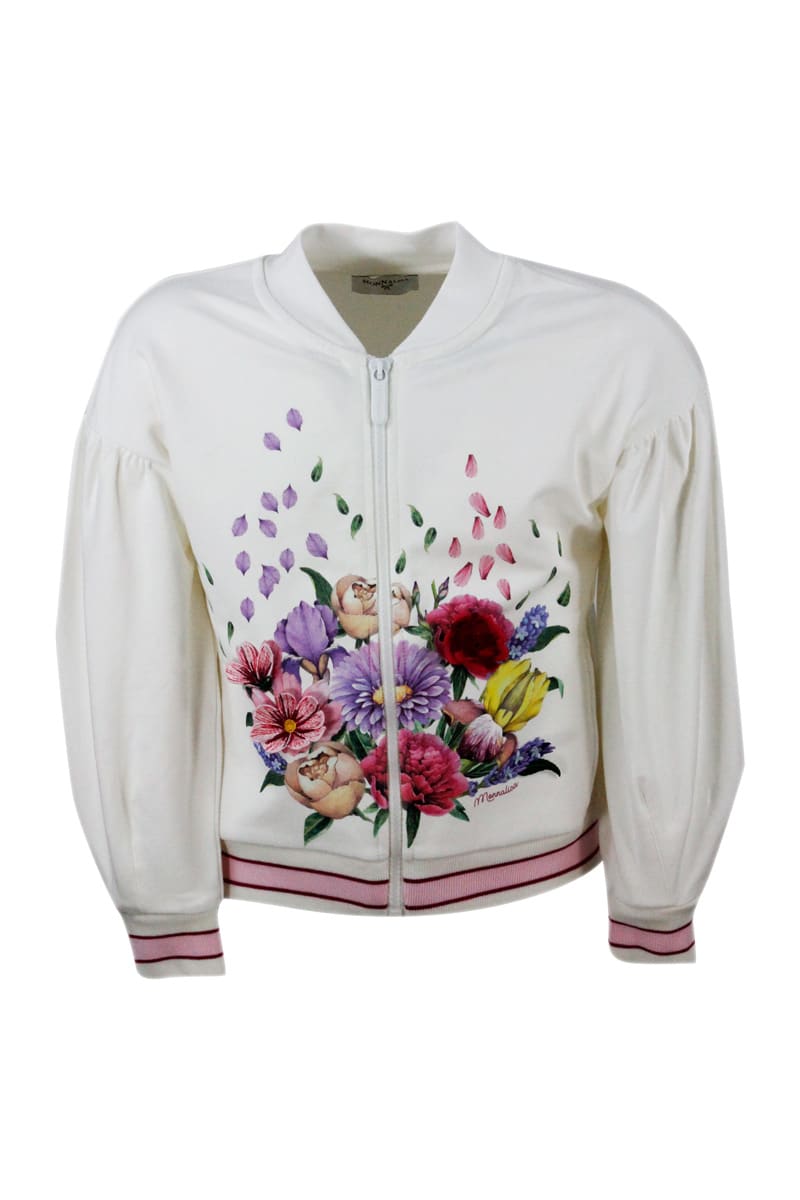 Monnalisa Crewneck Sweatshirt With Long Sleeve Zip With Flower Embroidery