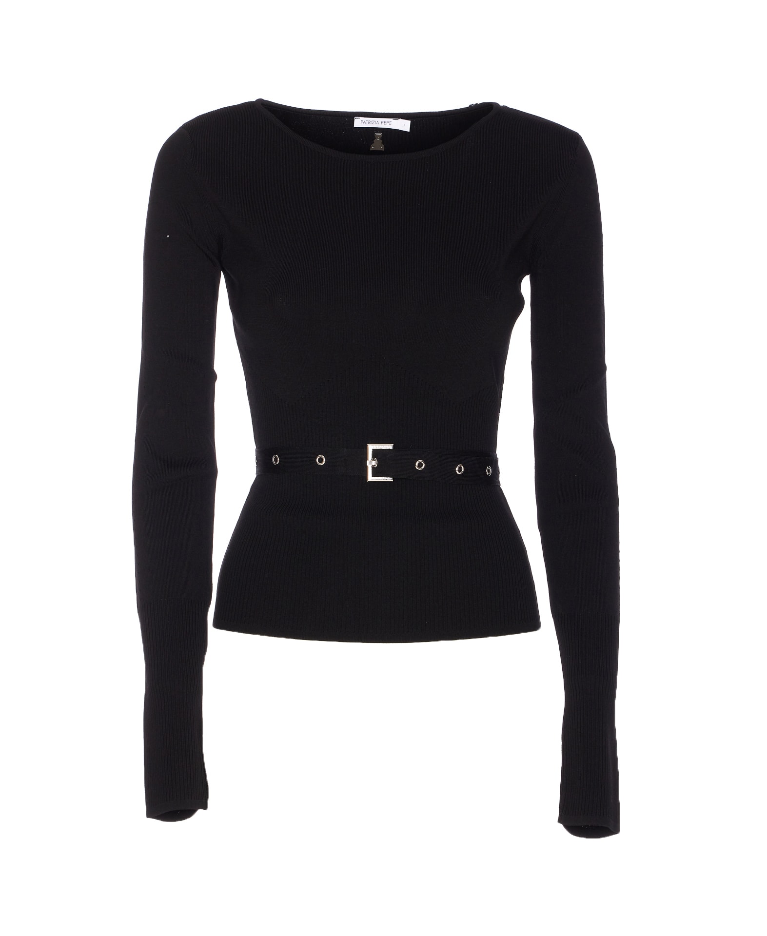 Patrizia Pepe Fitted Black Sweater With Eyelet Belt In Black
