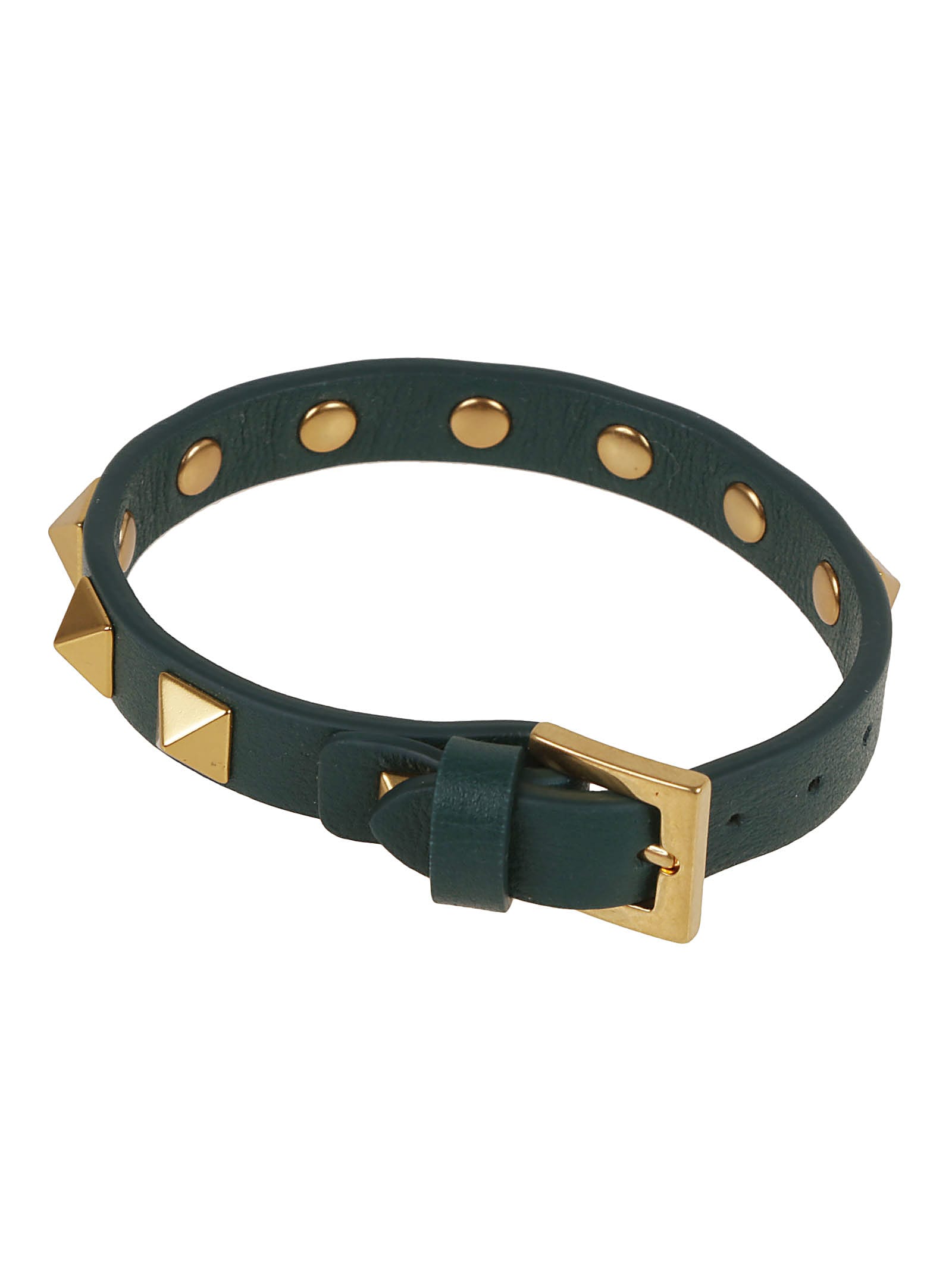 Shop Valentino Leather Studded Bracelet (8x8mm) In Uvw Verde College