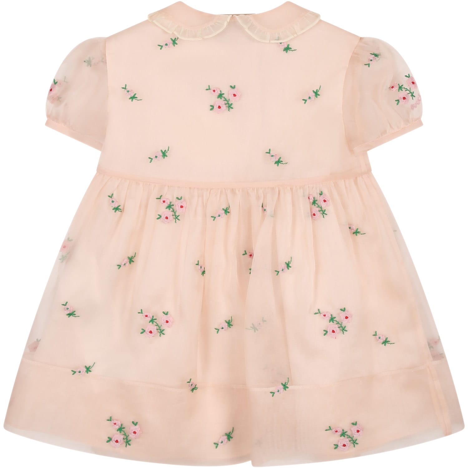 Shop Gucci Pink Dress For Baby Girl With All-over Embroidered Roses