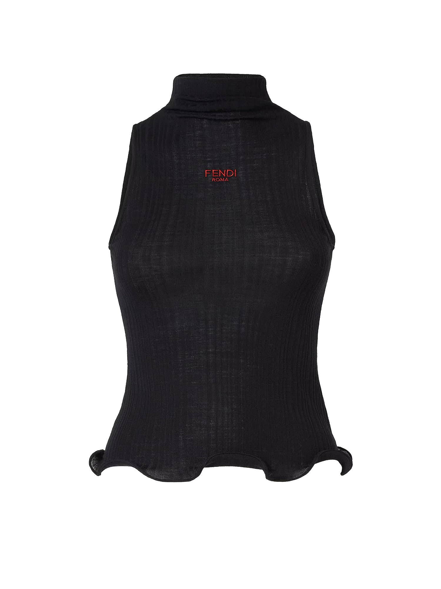 Fendi High Neck Fitted Sleeveless Top With Ruffles Clothing In Black