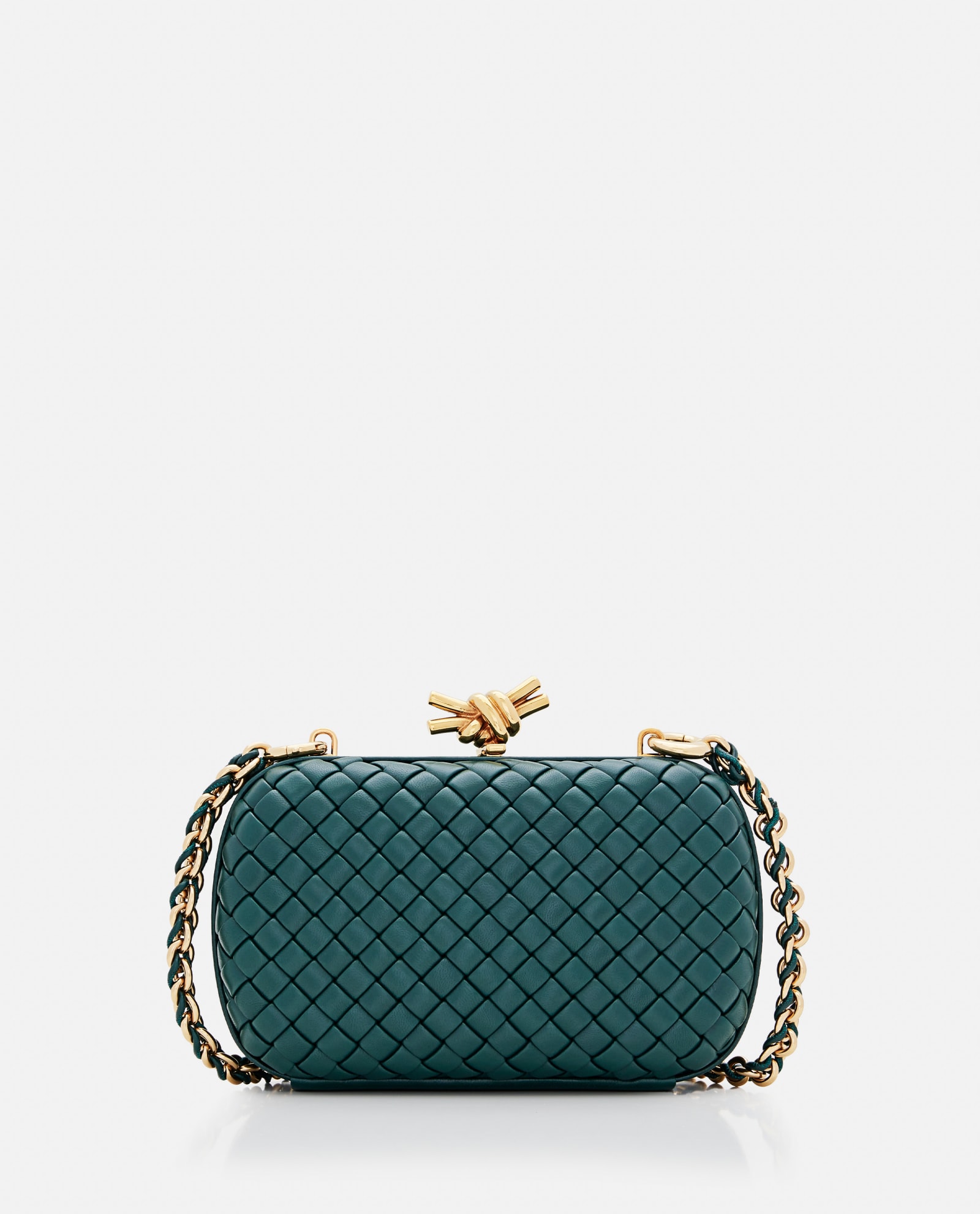 Shop Bottega Veneta Knot Leather Clutch Bag W/chain In Emerald Green-m Bras
