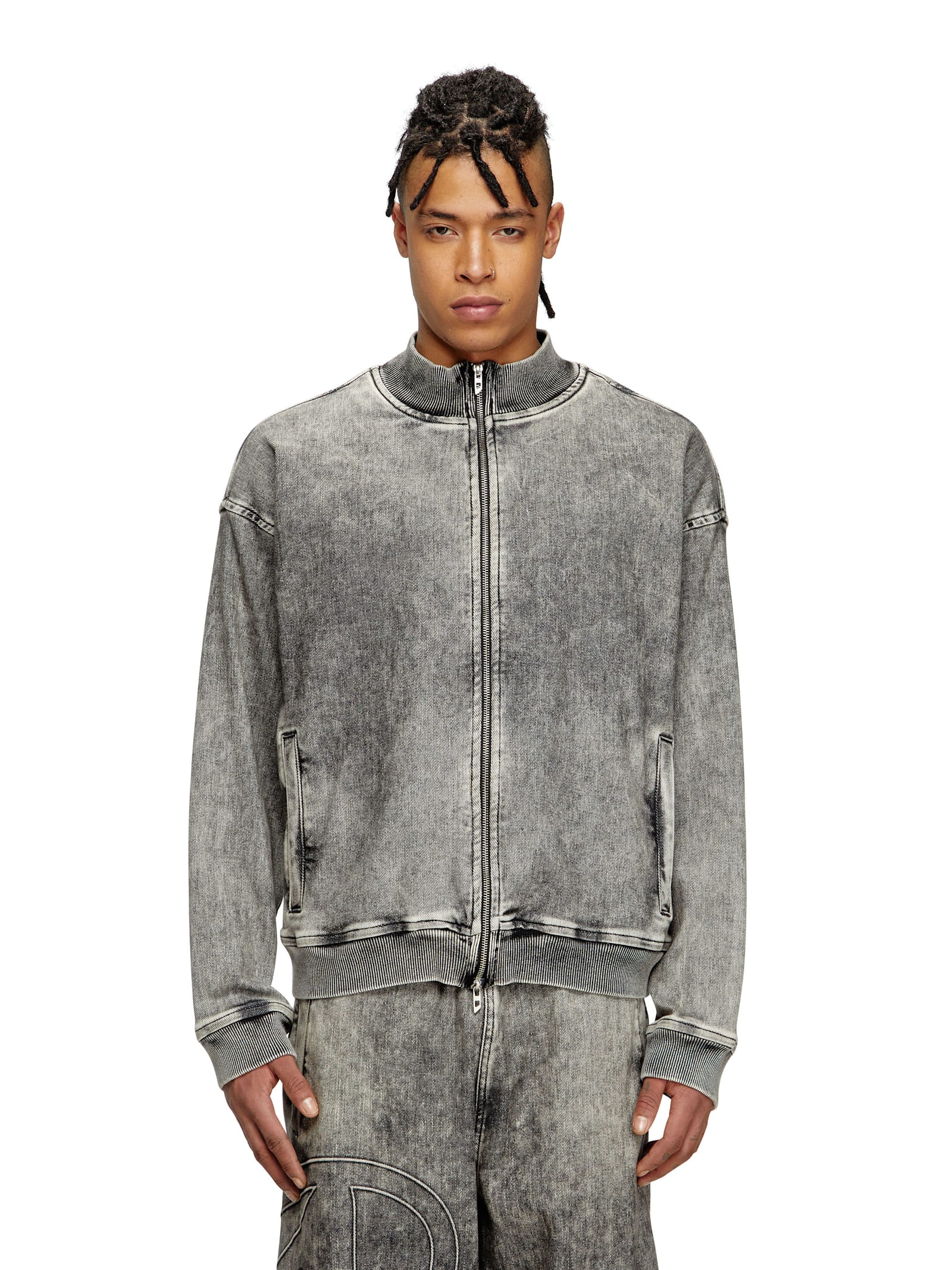 Diesel Track Denim Zip-up Sweater With Oval D