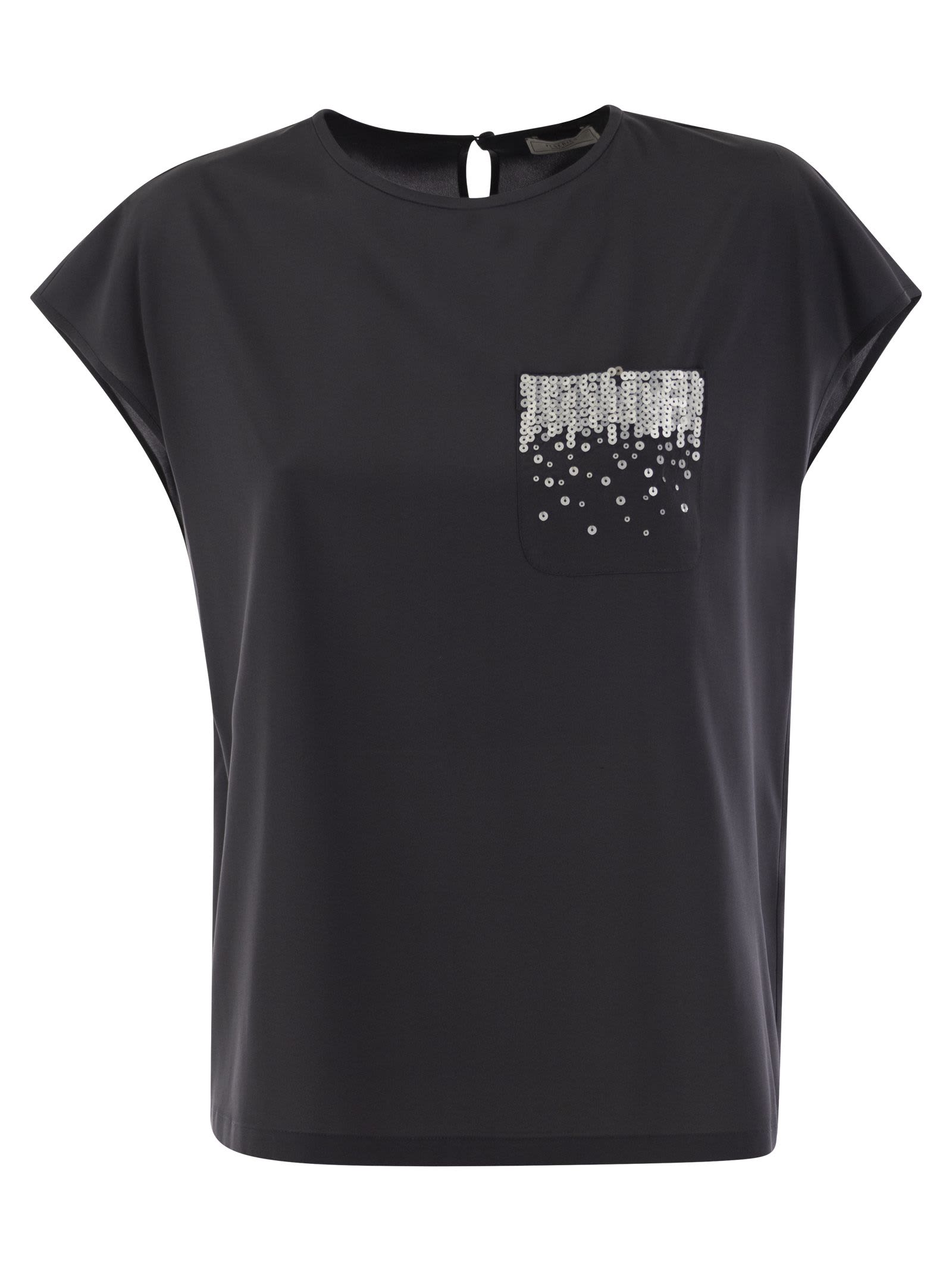Shop Peserico Crepe De Chine Top With Sequin Pocket In Blue