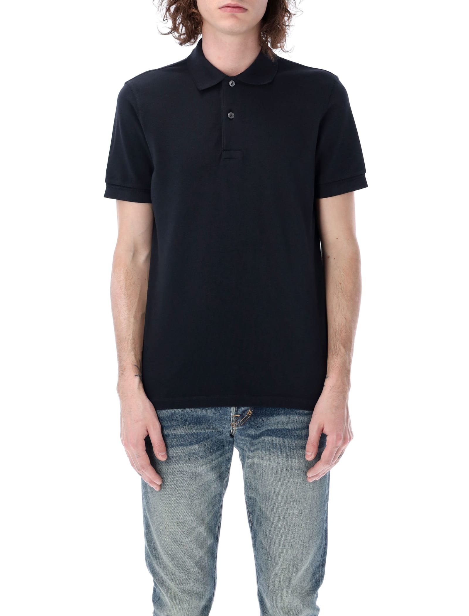 Tom Ford Black Short-sleeves Polo In Cotton Piquet Jersey Man In Midnight Blue