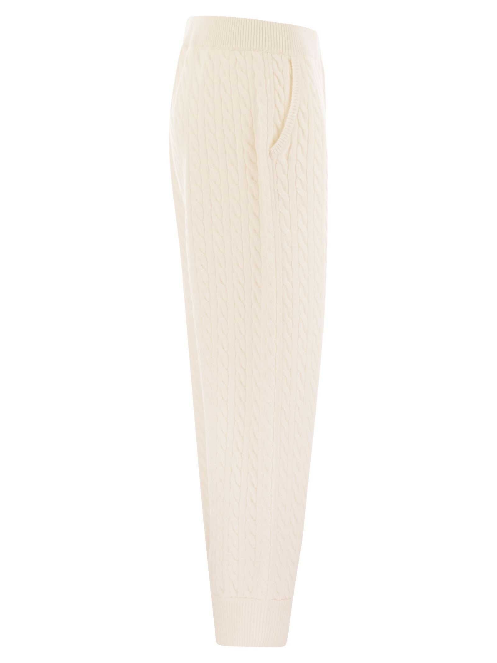 Shop Brunello Cucinelli Cashmere Cable Knit Trousers In Cream