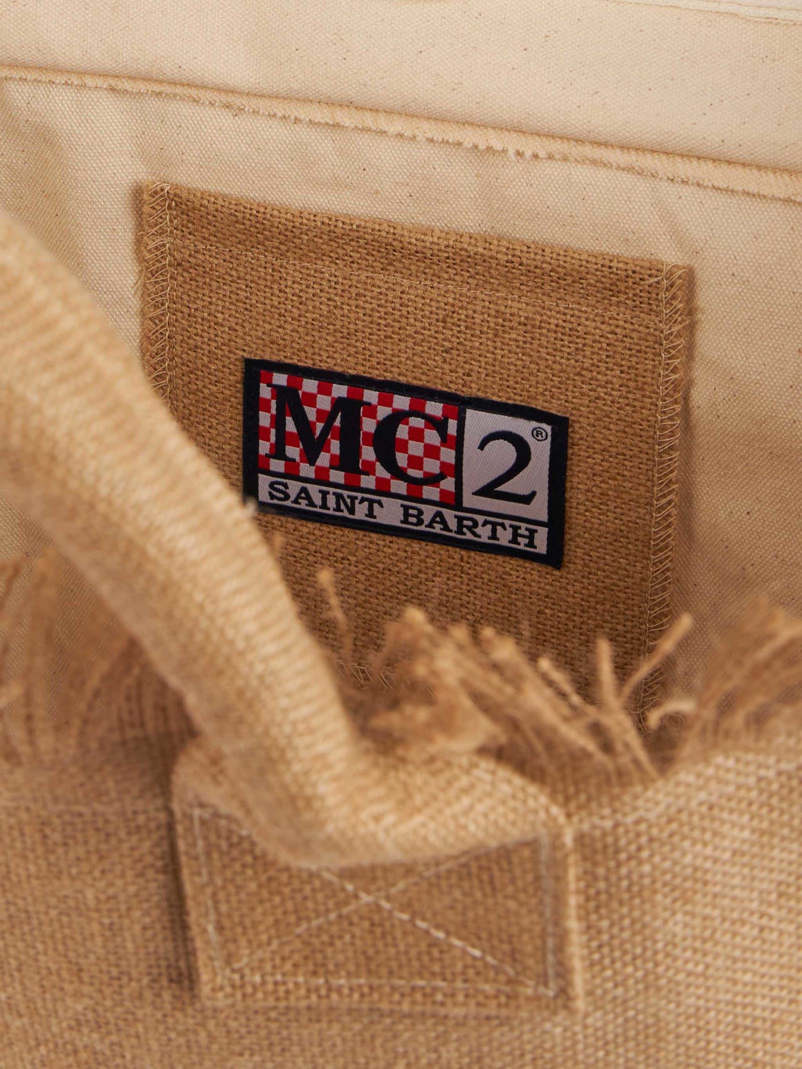Mc2 Saint Barth Vanity Natural Jute Shoulder Bag With Embroidered Logo In White