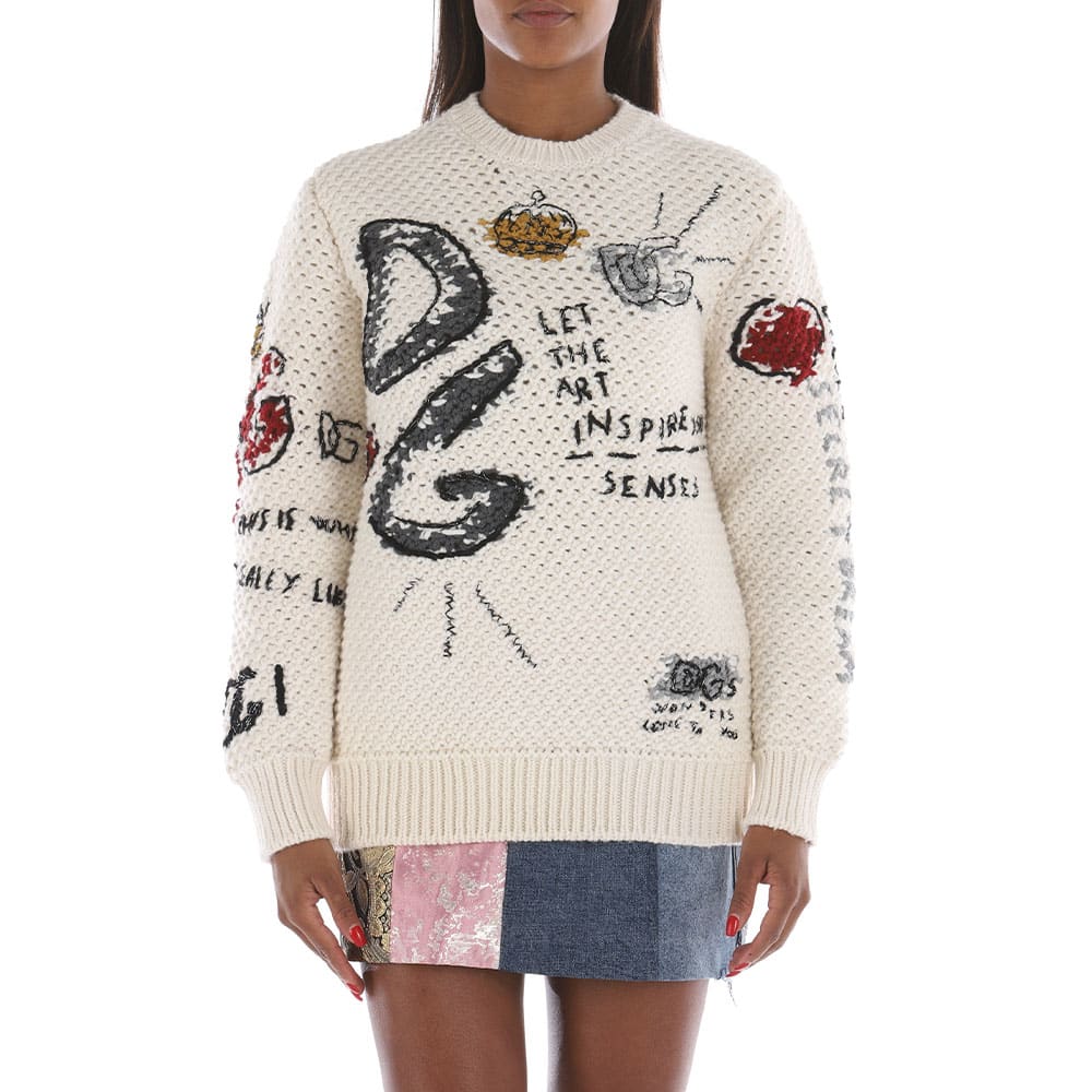 Dolce & Gabbana Round-neck Wool Sweater With Intarsia And Embroidery