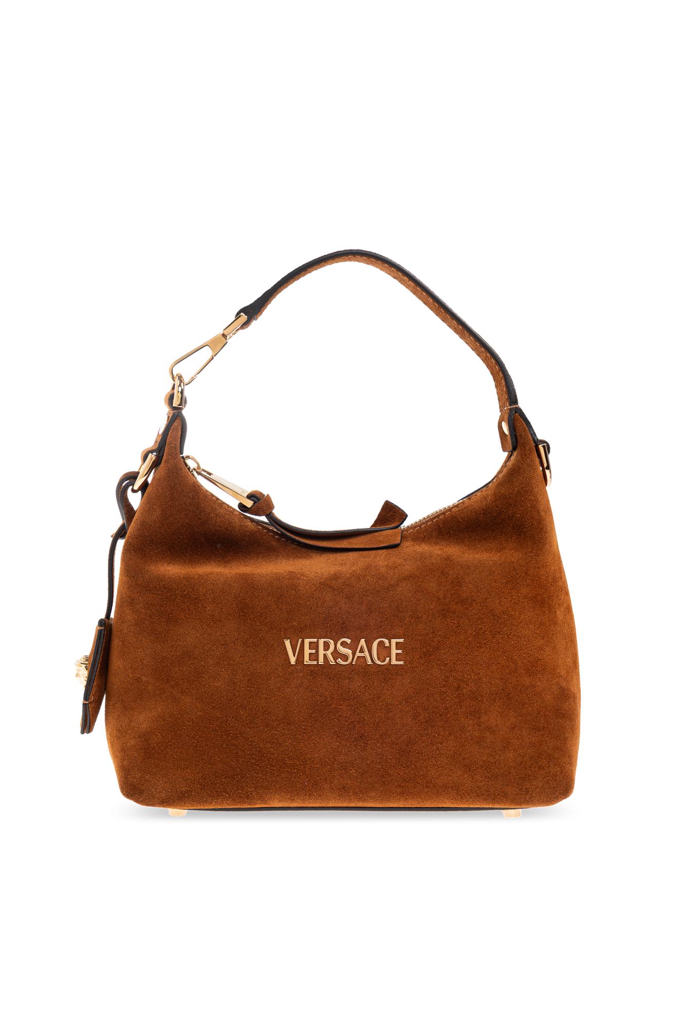 Versace Logo-lettering Suede Tote Bag In Brown