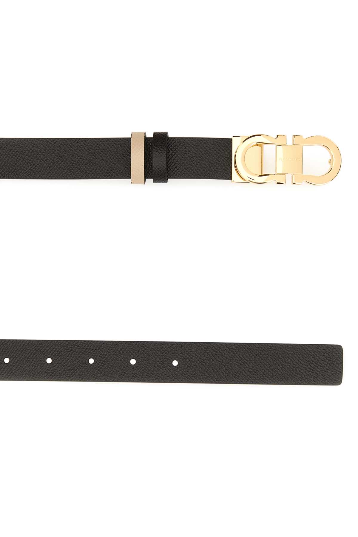 Ferragamo Leather Belt Reversible Adjustable Length Gold-tone Buckle In Black