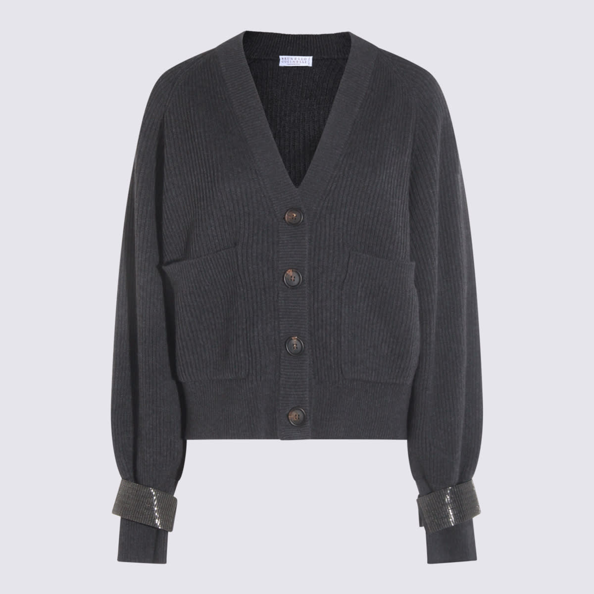 Brunello Cucinelli Ribbed V-neck Knitwear Cuffed Sleeves In Black