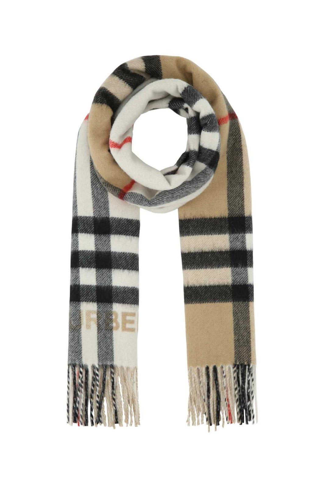 Shop Burberry Checked Pattern Fringe Detailed Scarf In Arc Beige/nat White