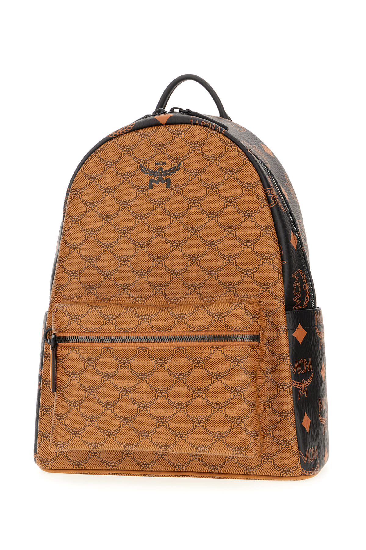 Shop Mcm Printed Synthetic Leather Backpack In Cognac