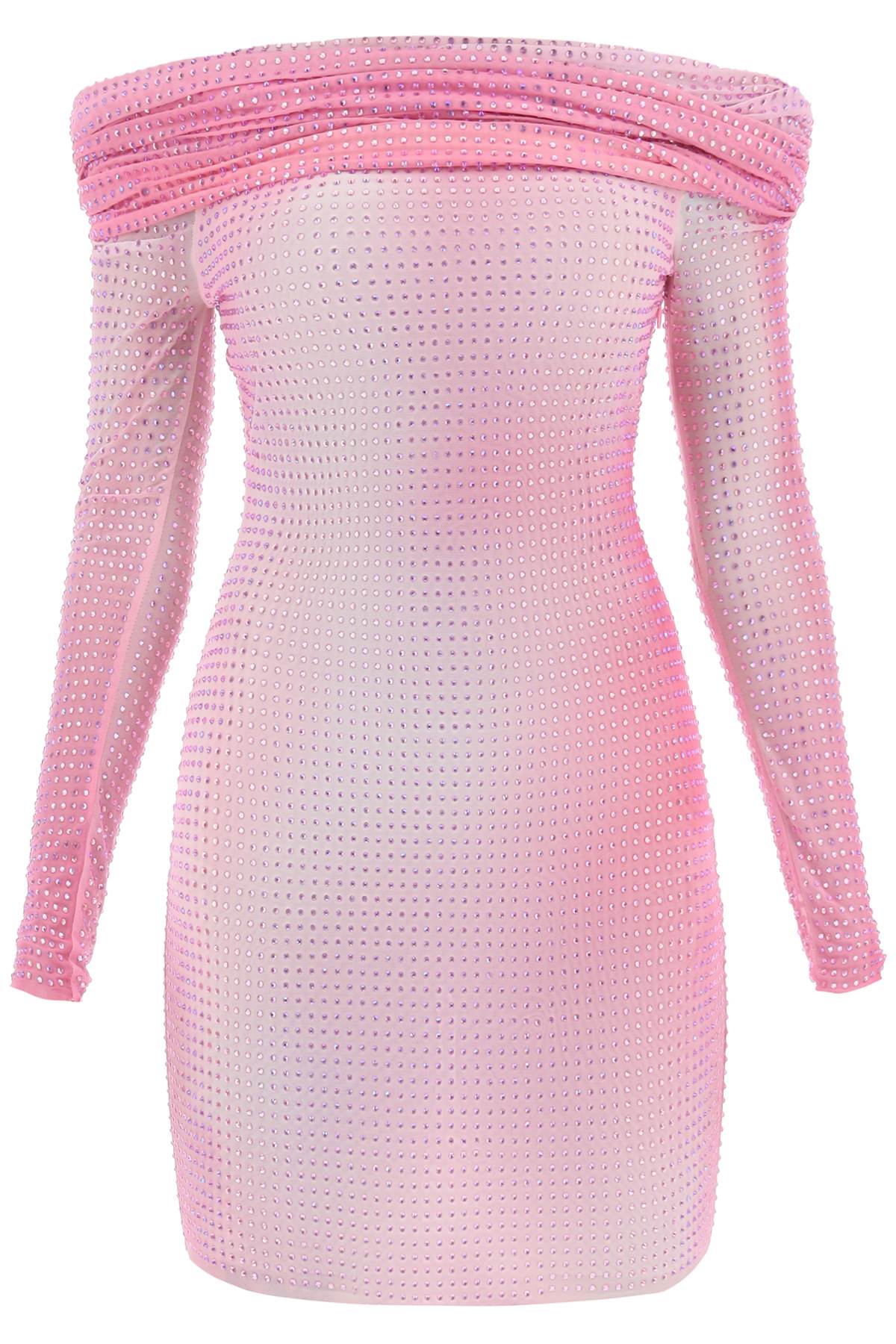 Shop Self-portrait Off-shoulder Mini Dress In Rhinestone-studded Mesh In Pink (pink)