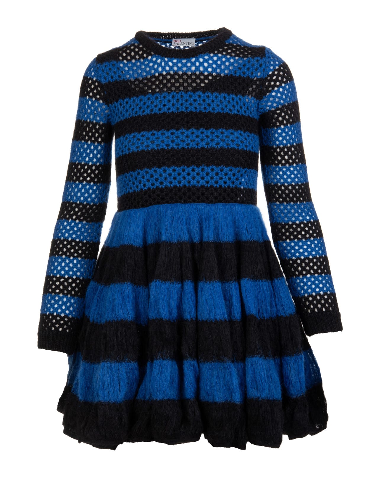 RED Valentino Short Dress In Black And Bluette Striped Mohair Blend Knit