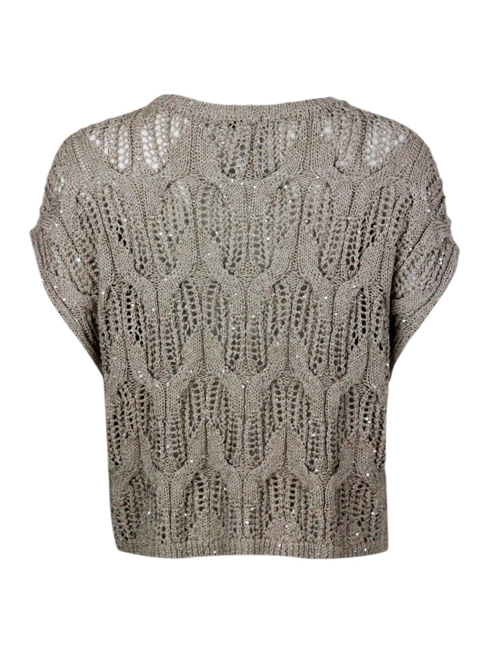 Shop Antonelli Sleeveless Crew-neck Sweater With Cable Knit Embellished With Cotton And Linen Microsequins In Beige