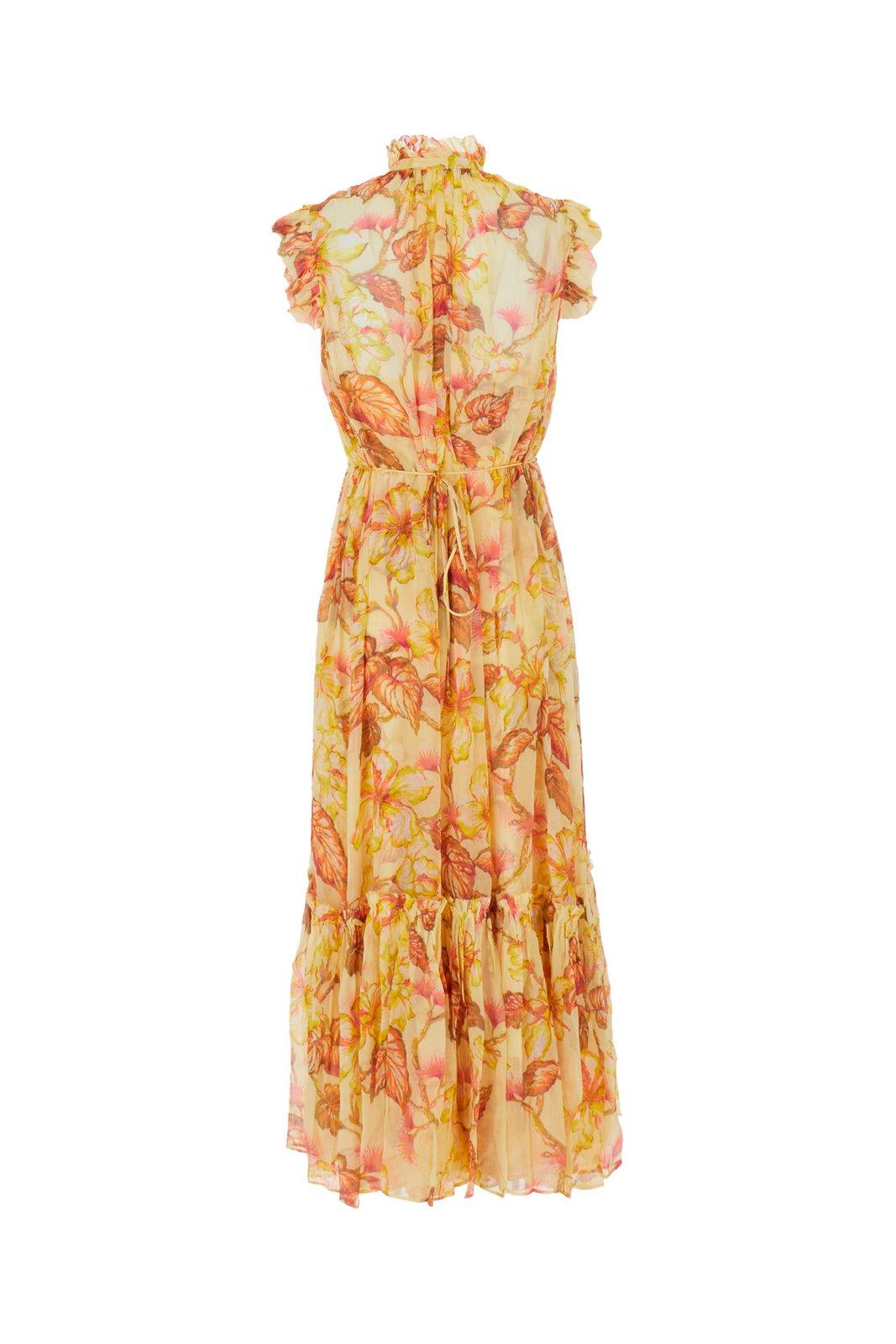 Shop Zimmermann Crinkled Finish Floral-print Midi Dress In Yellow Hibiscus