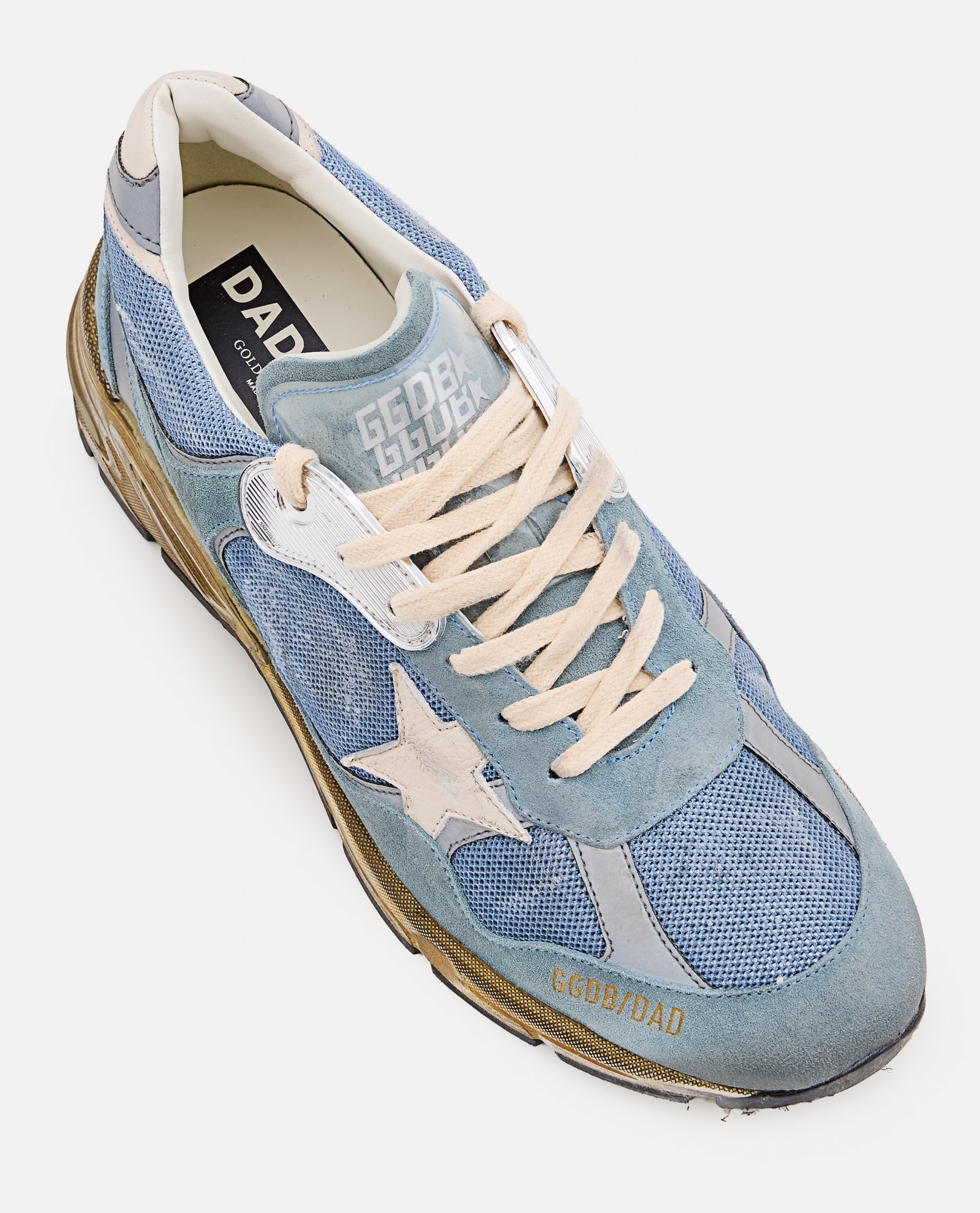 Shop Golden Goose Running Dad Net And Suede Upper Leather Star And Heel Suede Spur In Azzurro