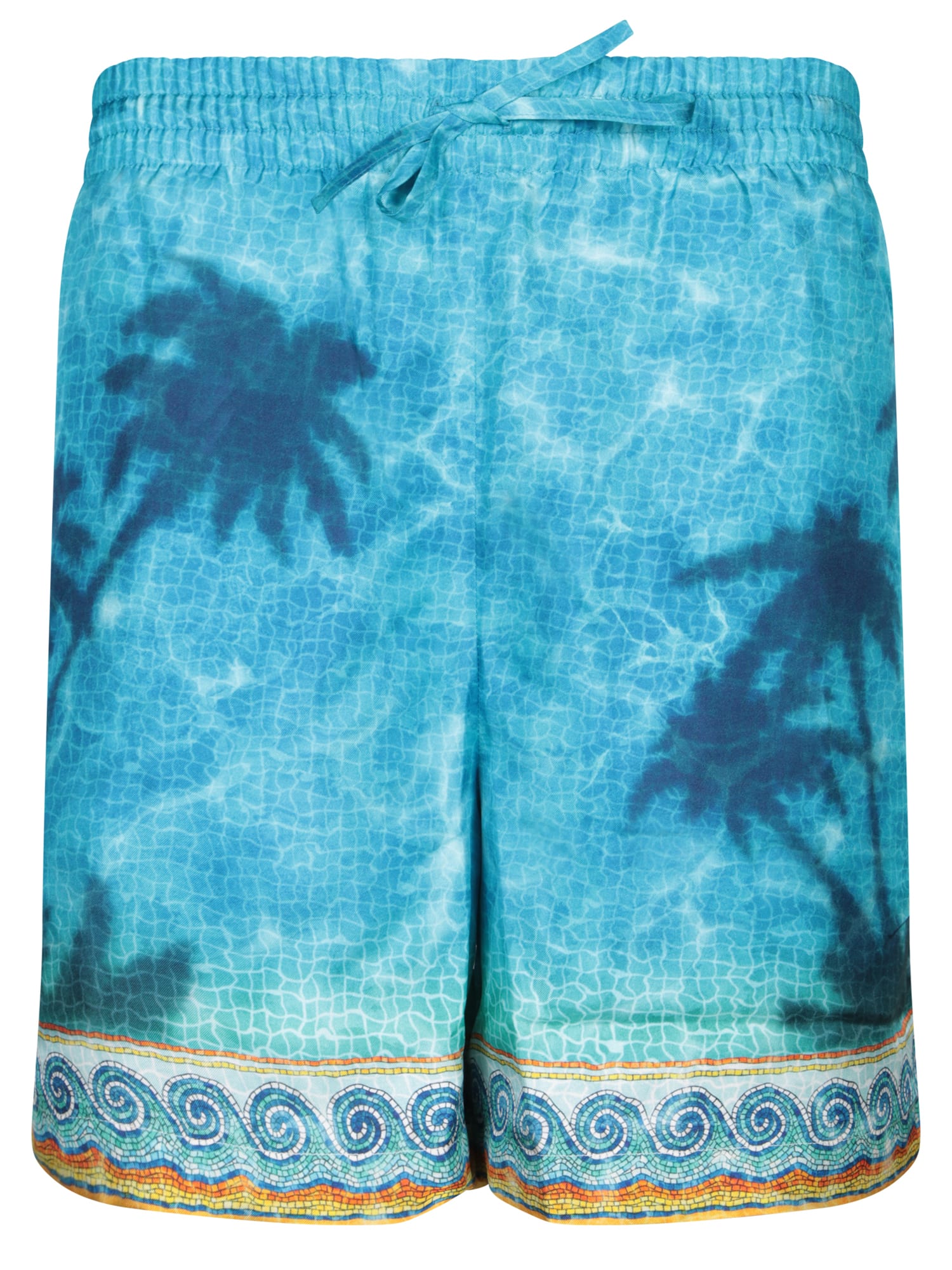 Casablanca Mens Caustics Emblem Palm-print Drawstring-waist Silk Shorts In Blue