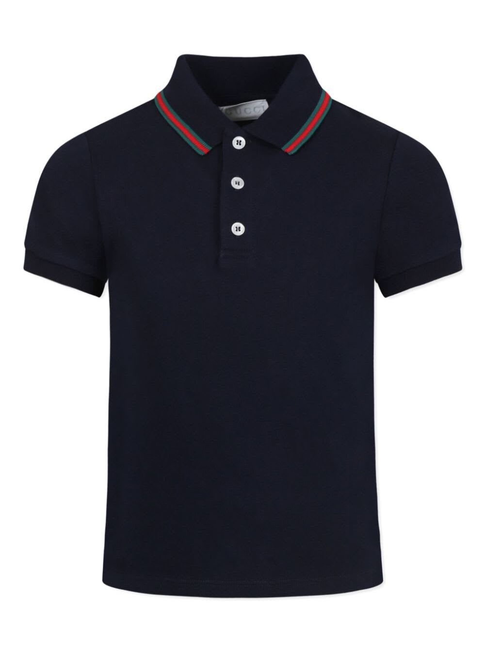 Gucci Blue Polo Shier With Classic Collar With Web Motif In Cotton Boy In Black