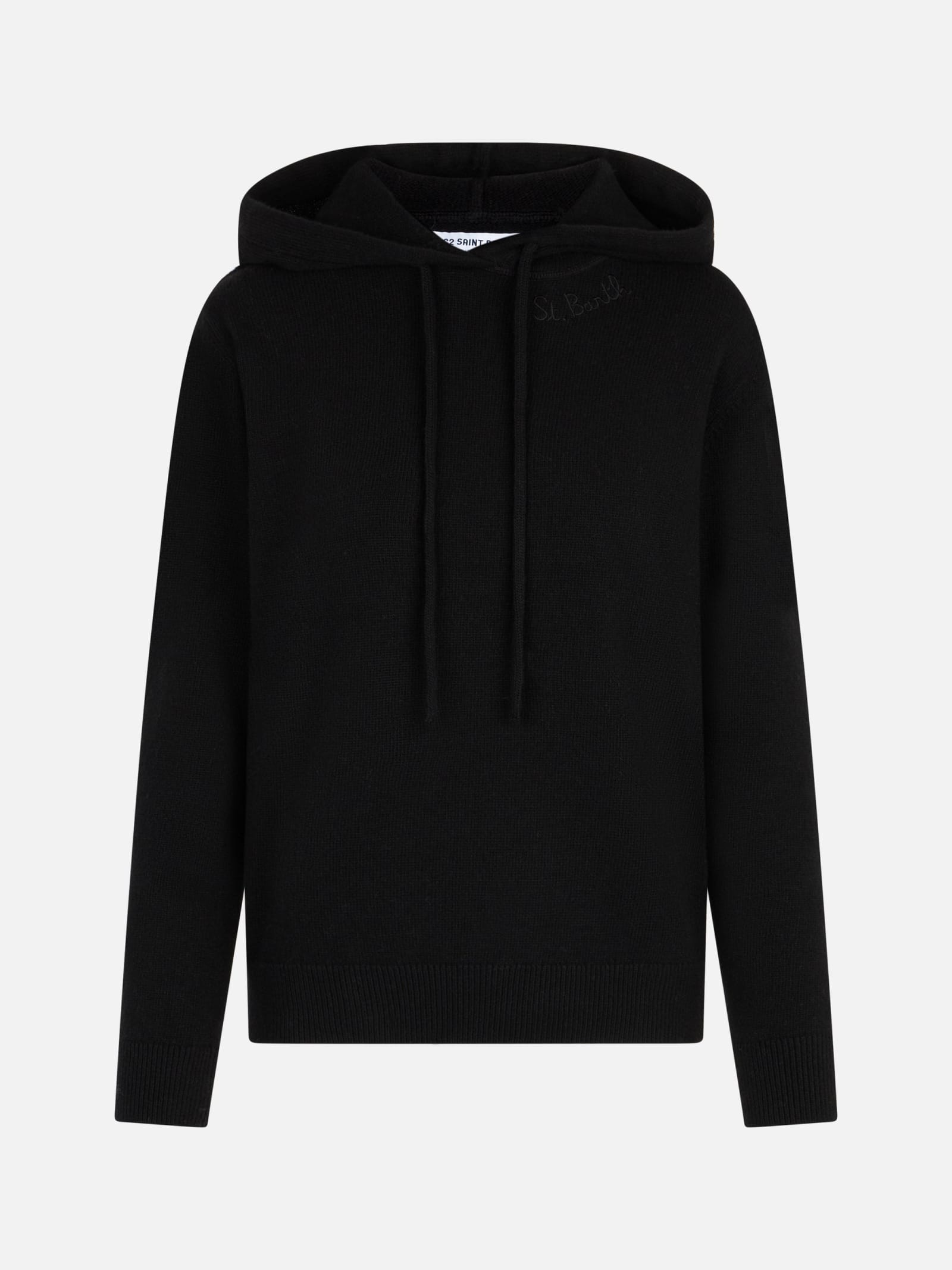 Mc2 Saint Barth Woman Black Knitted Hoodie With St. Barth Embroidery In Black
