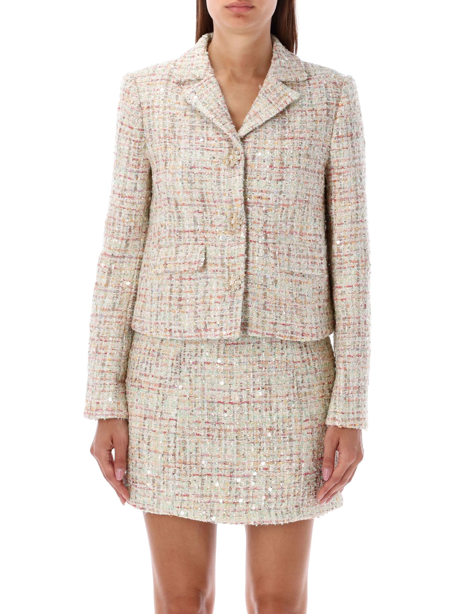 Shop Self-portrait Sequin Bouclé Jacket In Multi Pink