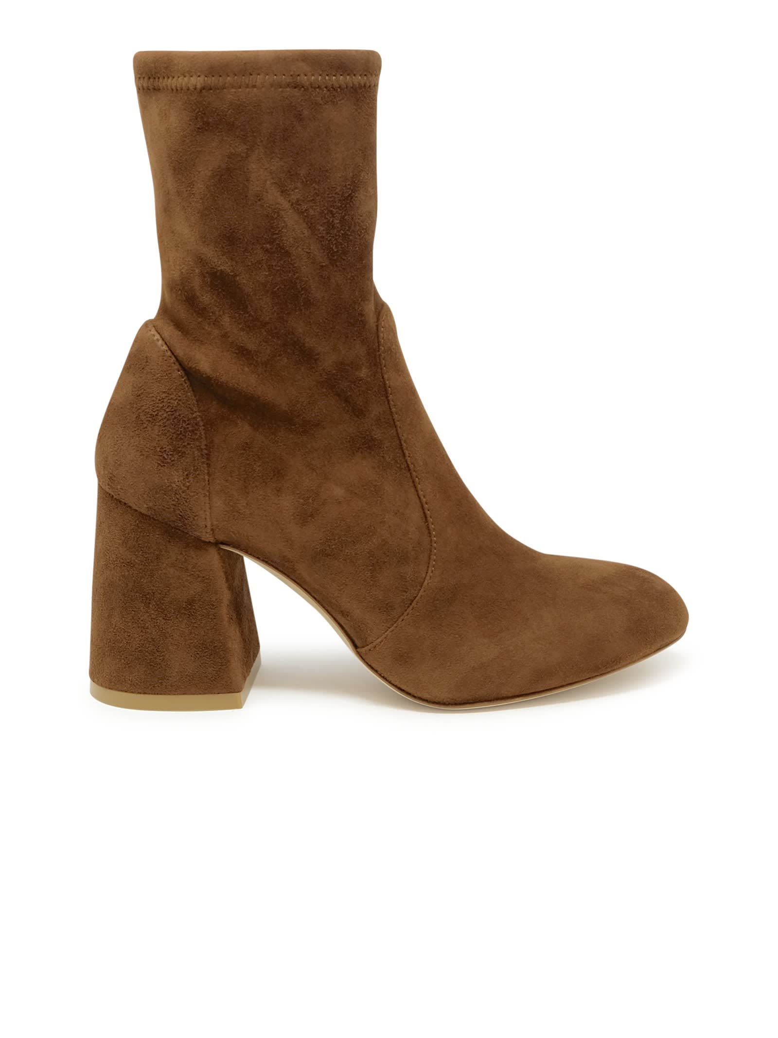 Shop Stuart Weitzman E Suede Flareblock 85 Stretch Bootie In Brown