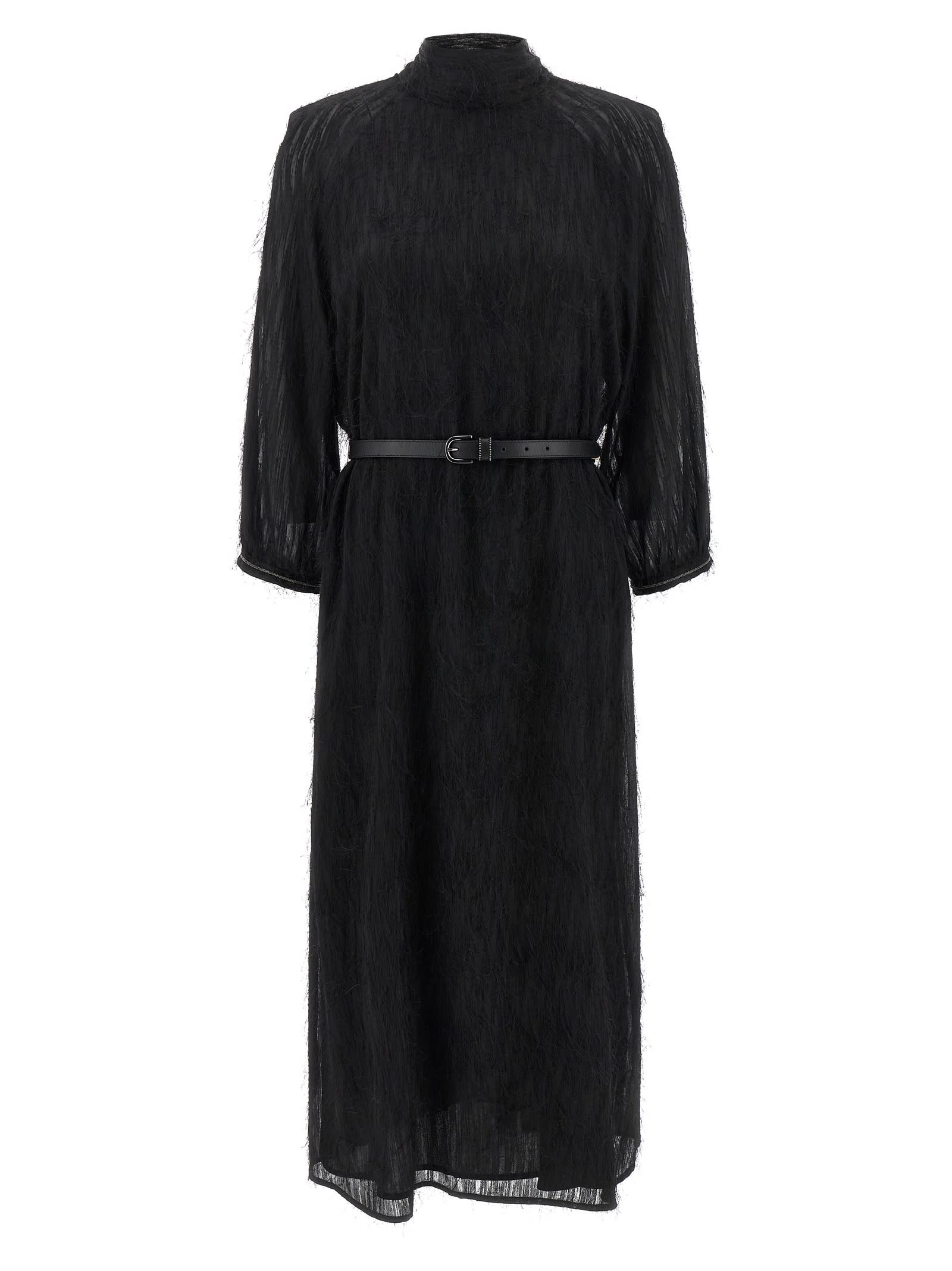 Peserico Textured Dress With Belted Waist And Sleeves In Black
