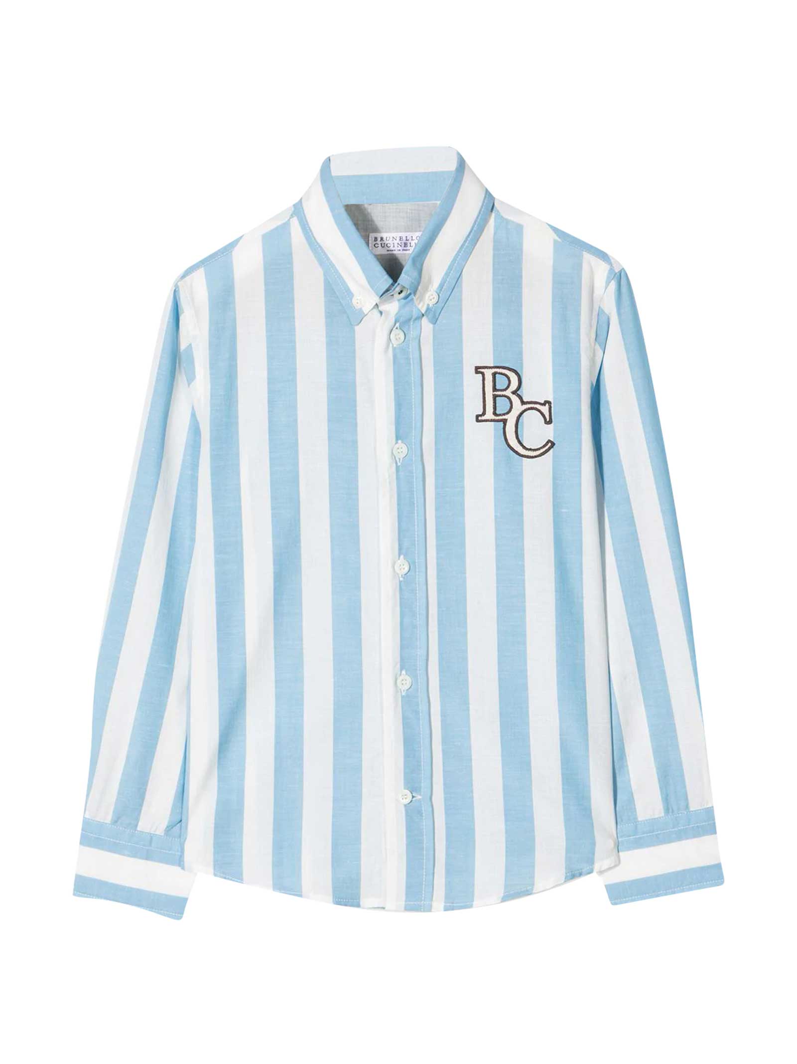 Brunello Cucinelli White Shirt Teen With Light Blue Stripes