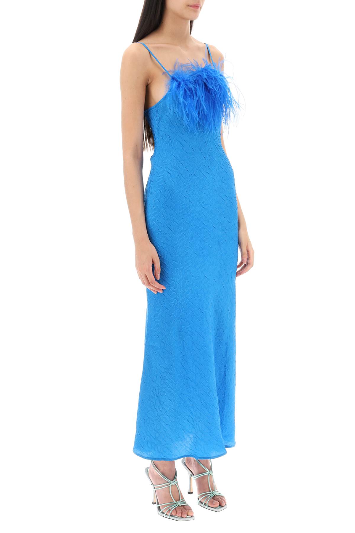 Shop Art Dealer Ella Maxi Slip Dress In Jacquard Satin With Feathers In Blue (blue)