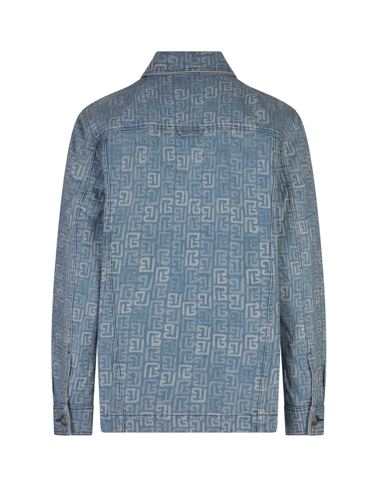 Shop Balmain Medium Blue Denim Jacket With Monogram Pattern