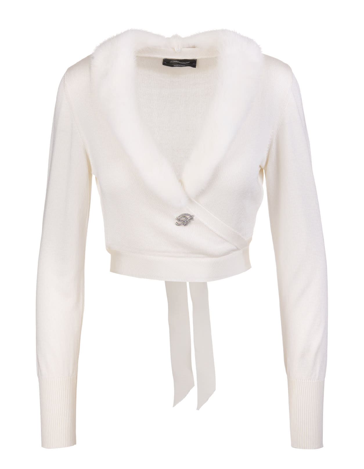 Blumarine White Crossed Cropped Cardigan With Mink Collar