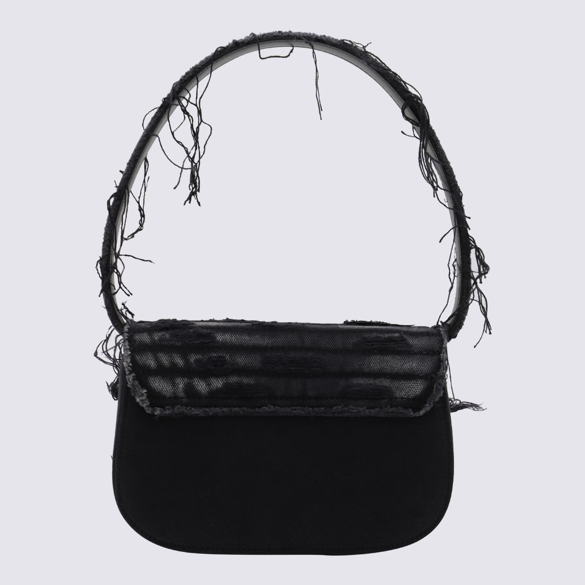 Diesel 1dr Black Shoulder Bag With Oval D Plaque With Rhinestones And Fringed Edges In Cotton And Leather B