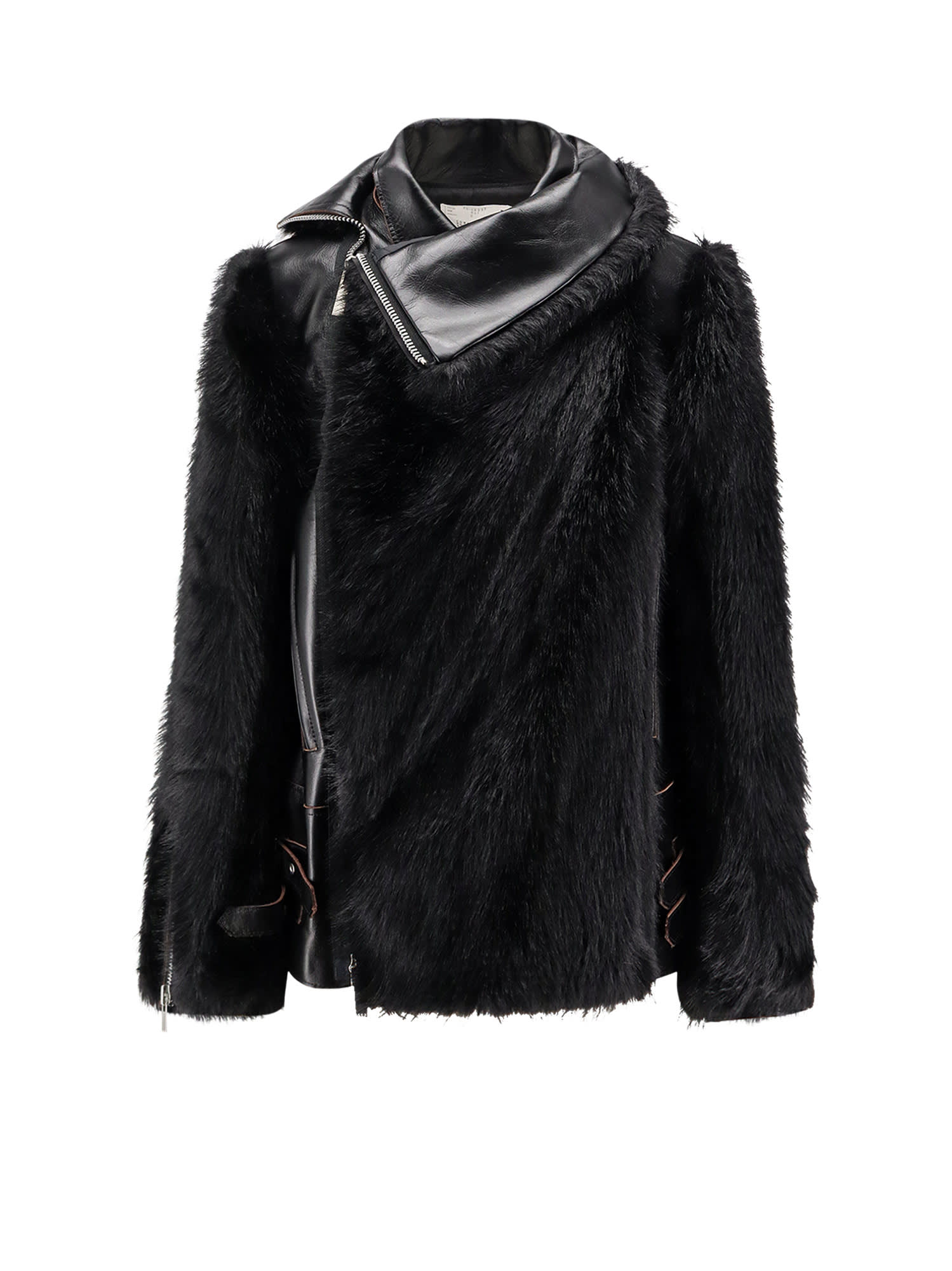 Sacai Leather Jacket With Adjustable Side Straps In Black