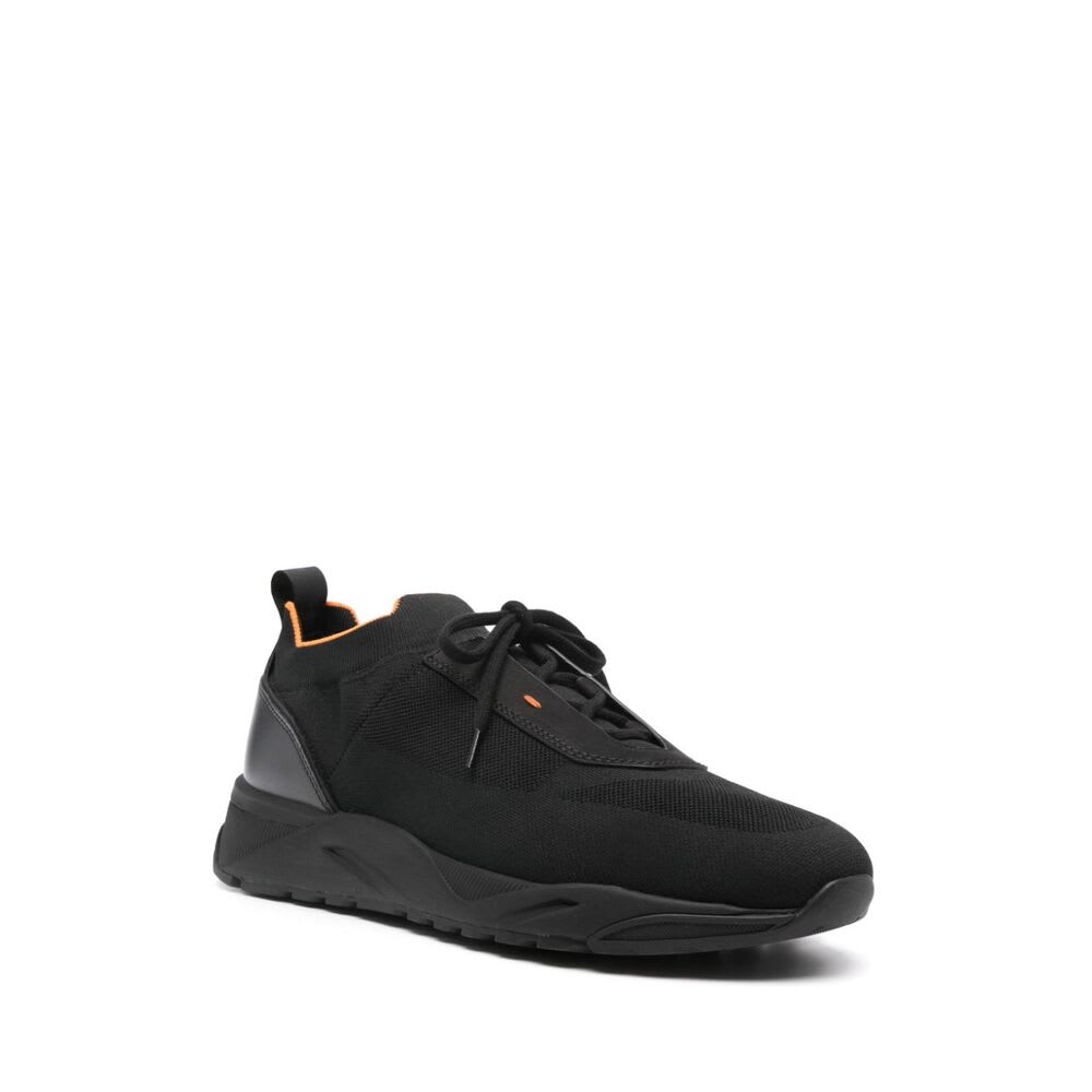 Santoni Lace-up Leather And Fabric Sneakers In Black