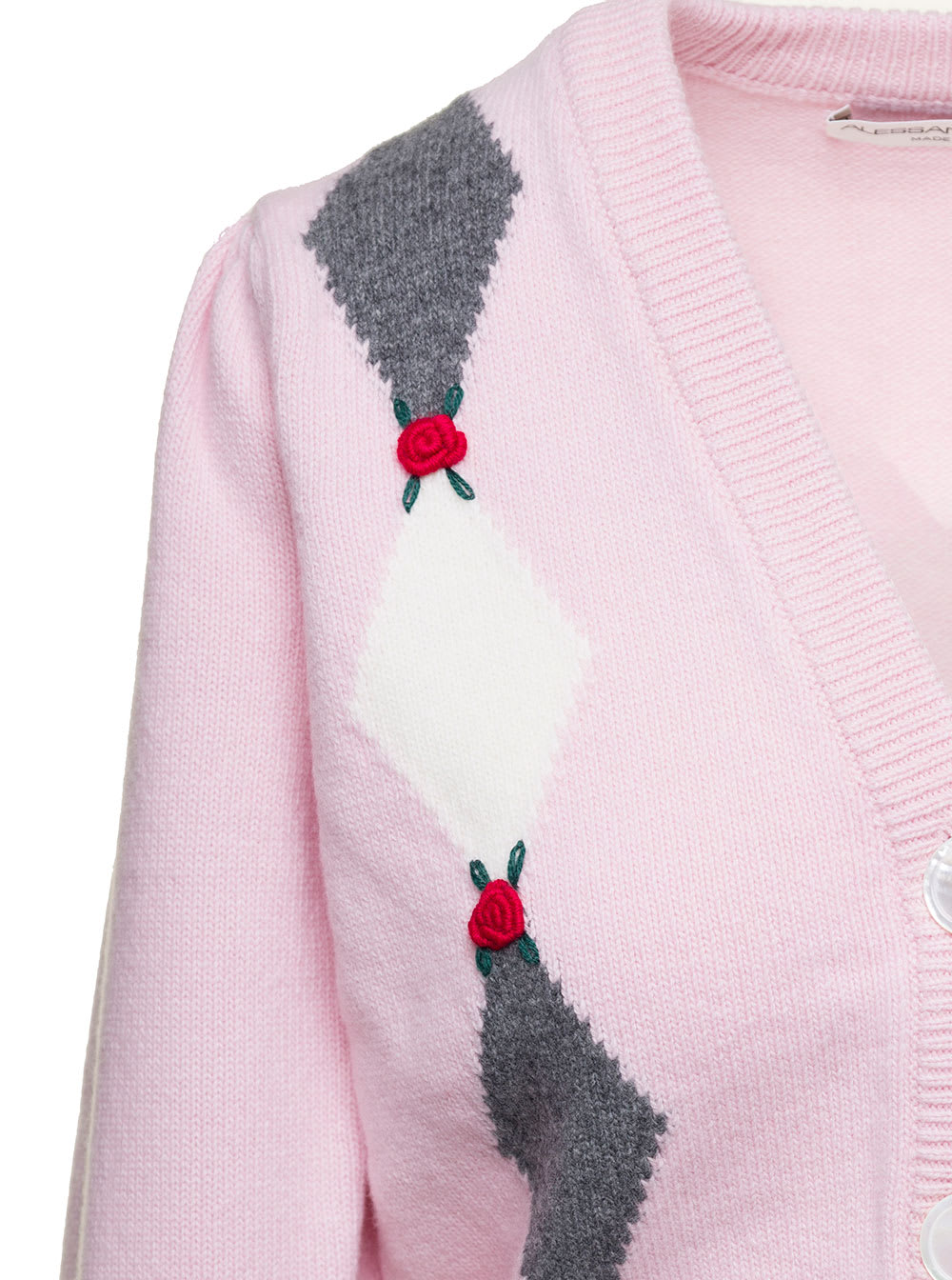 Shop Alessandra Rich Pink Cardigan With Diamond Motif And Embroidered Rose Detail In Wool Woman