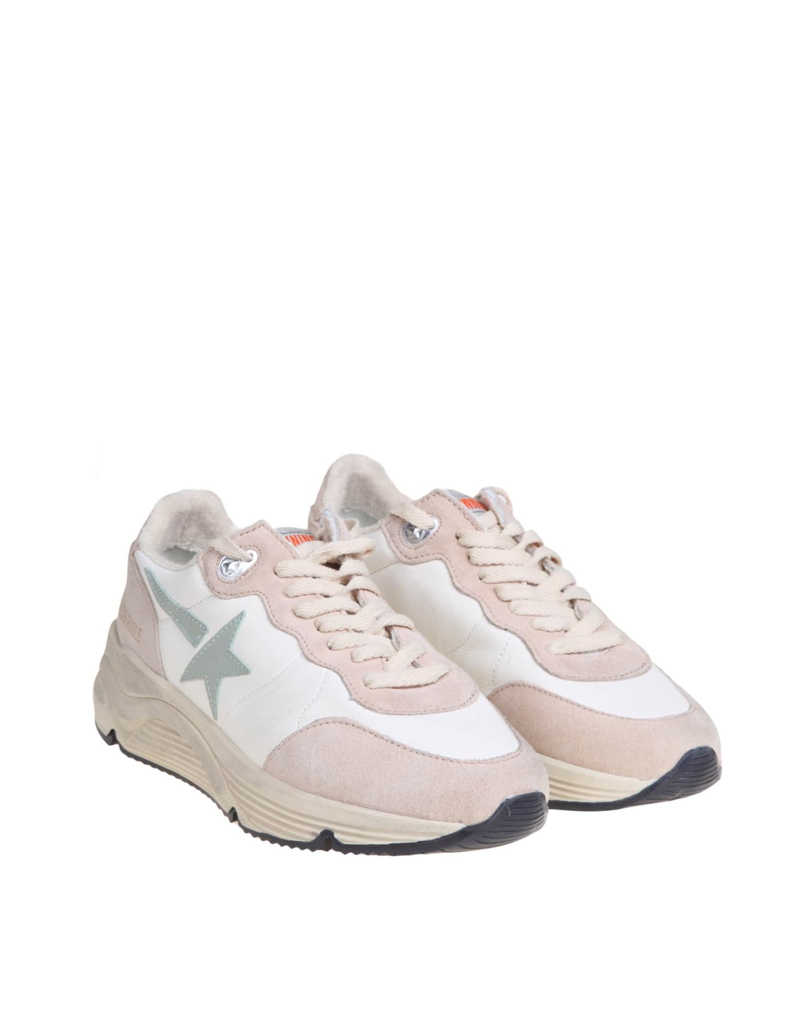 Golden Goose Sneakers Running Sole In White And Nude Leather In White/nude/aquamarine