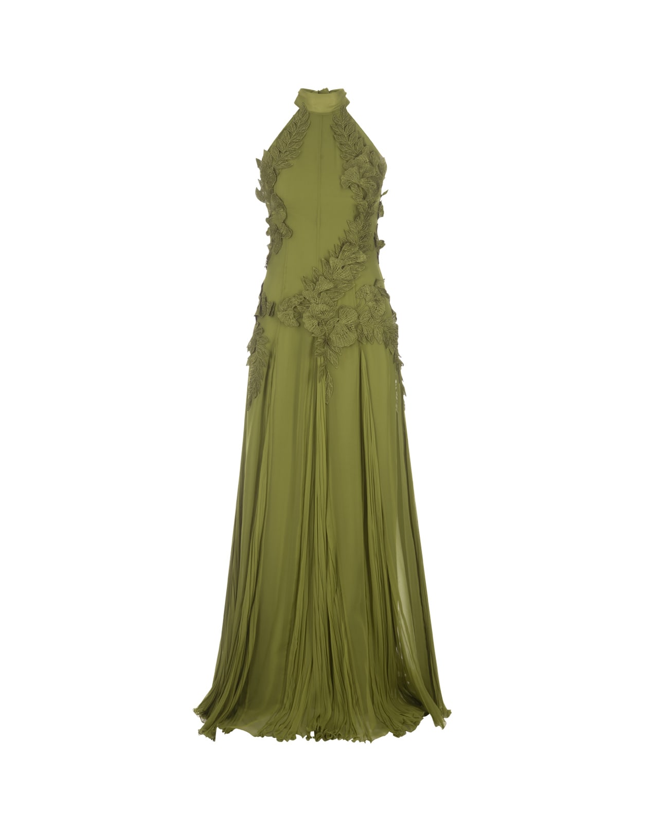 Alberta Ferretti Long Green Chiffon Dress With Flowers And Remage Embroidery